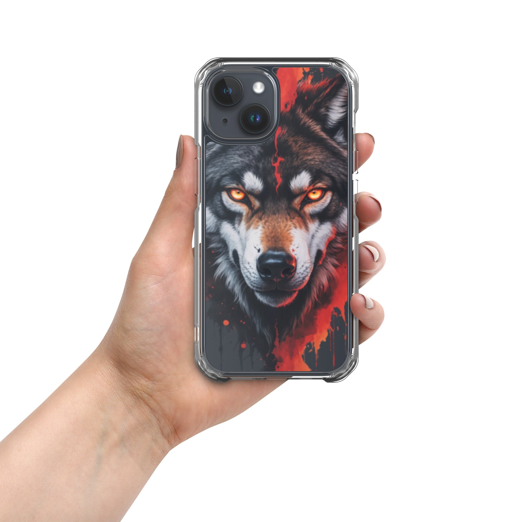 Dual Flame Wolf Clear Case for iPhone 15 - Fierce Wolf Artwork Protective Cover