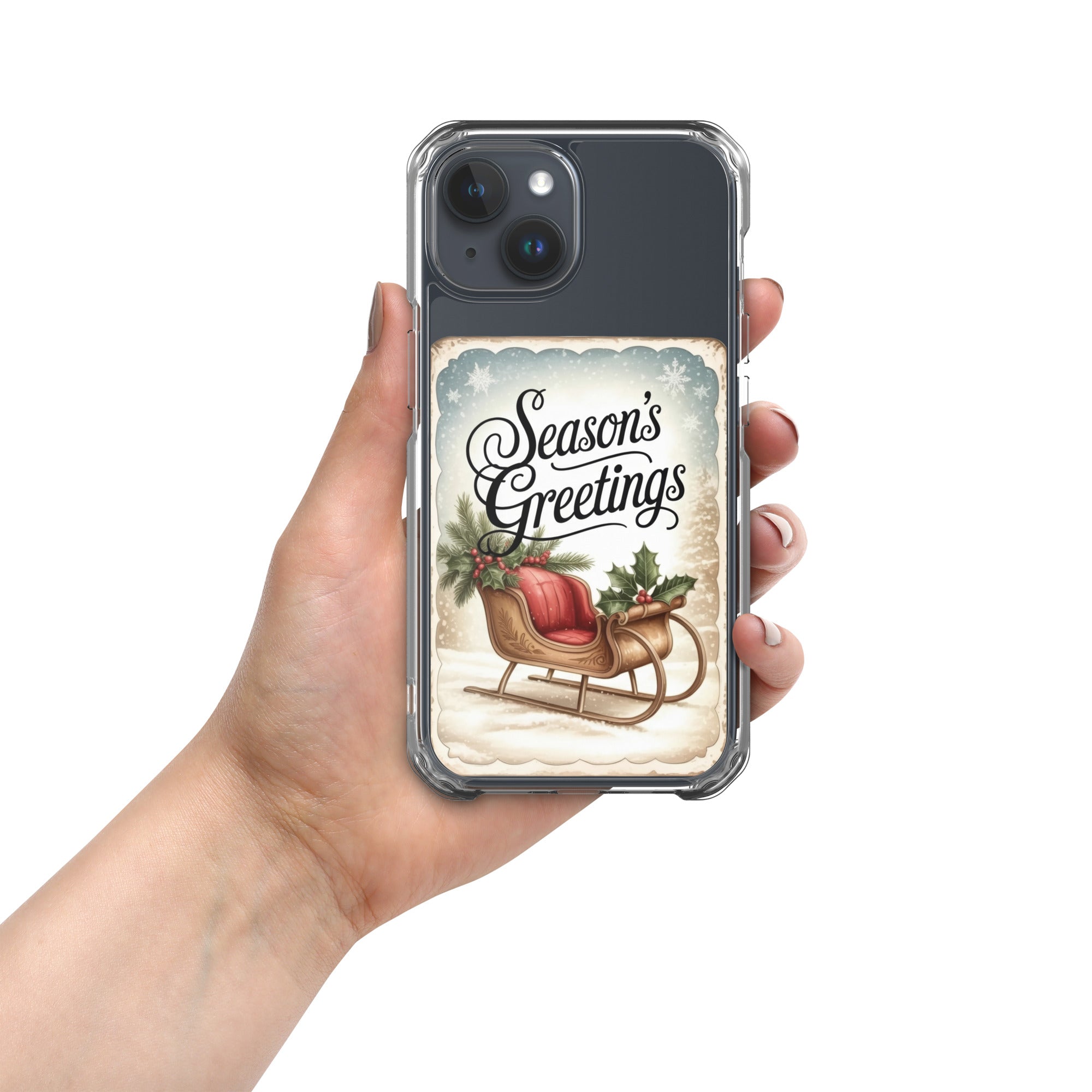 Season’s Greetings Vintage Holiday Clear Case for iPhone 15 - Retro Christmas Sleigh Festive Cover