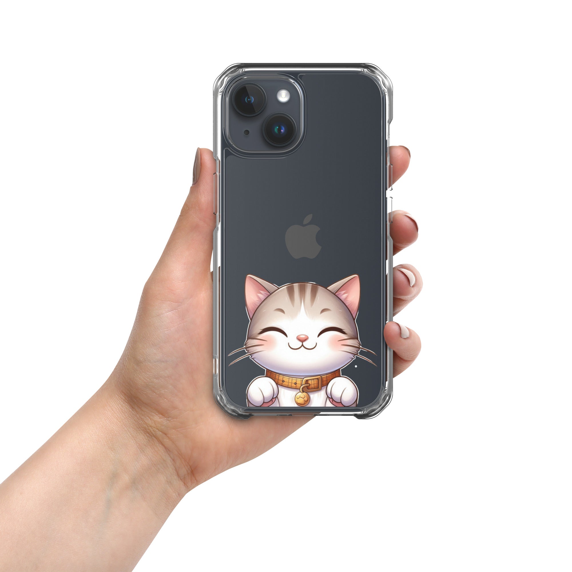 Happy Kitty Clear Case for iPhone 15 - Cute Smiling Cat Illustration Protective Cover