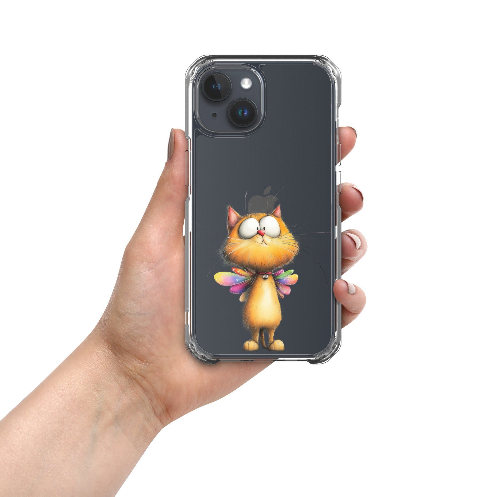 Fairy Cat Clear Case for iPhone 15 - Cute Magical Kitty with Colorful Wings Protective Cover