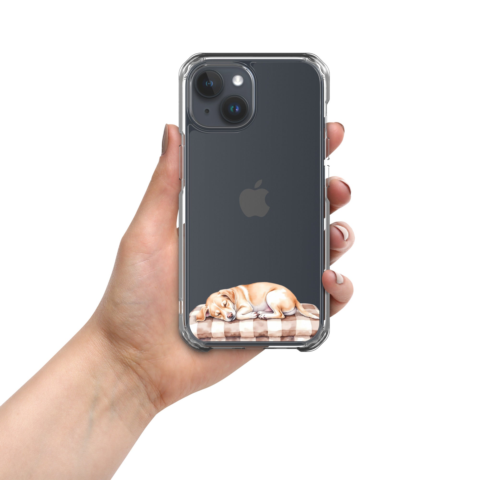 Sleepy Dog on Checkered Blanket Clear Case for iPhone 15