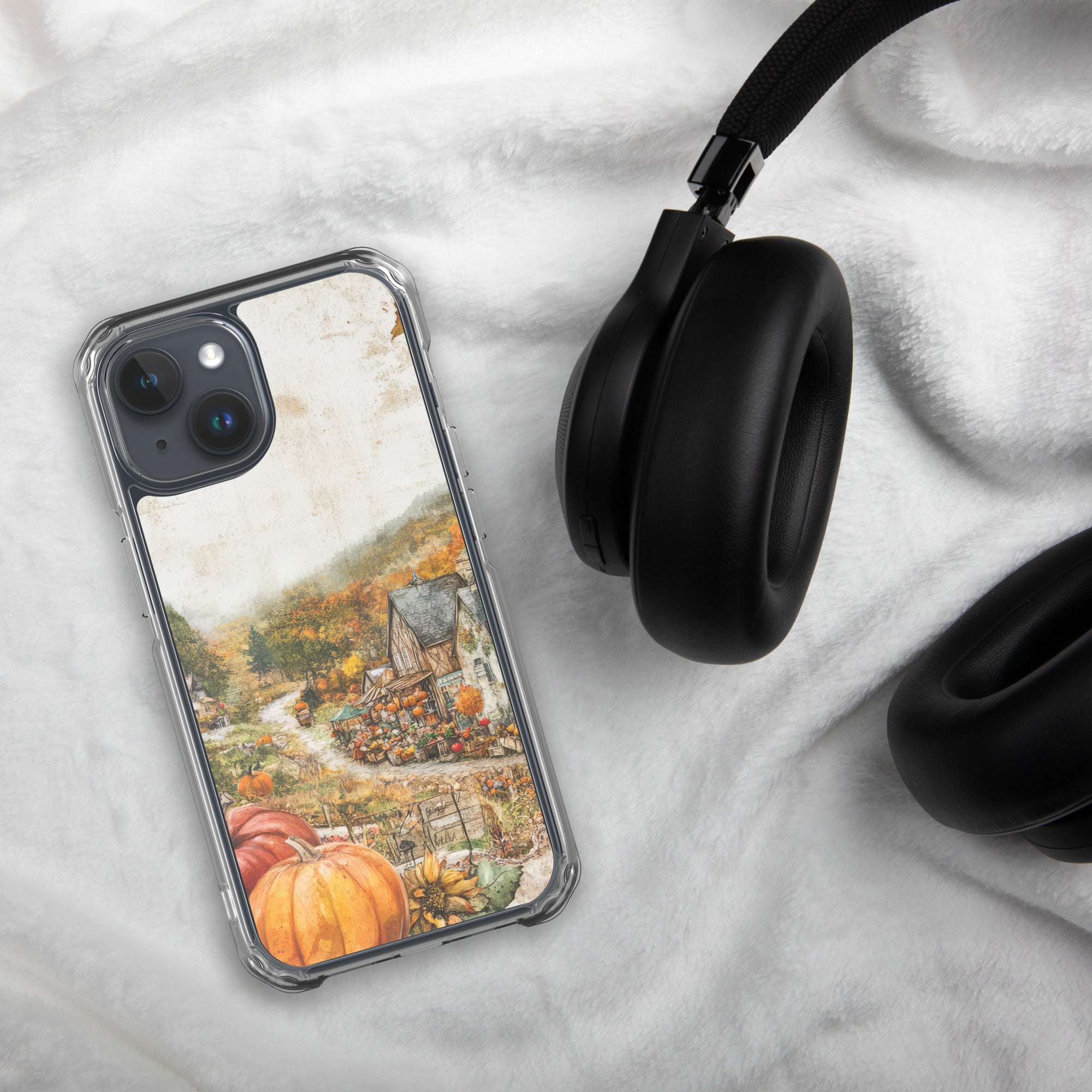 Autumn Village Clear Case for iPhone 15 - Fall Rustic Pumpkin Design Protective Cover