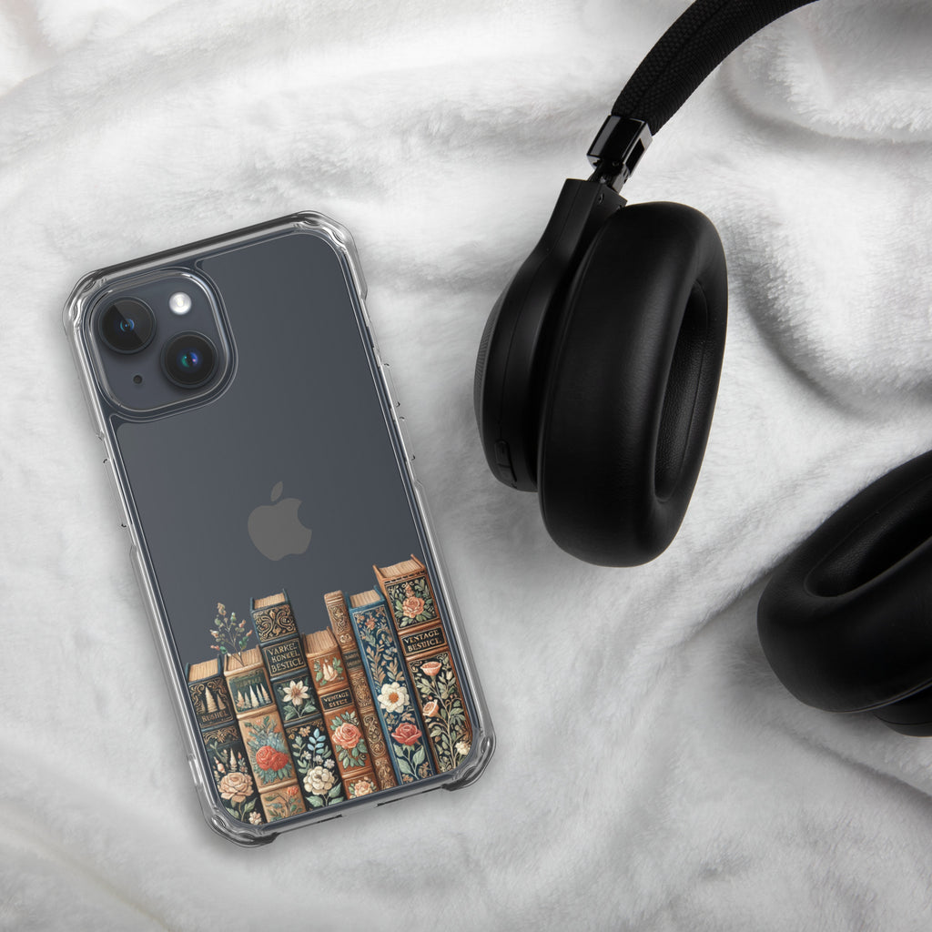 Vintage Floral Bookshelf Clear Case for iPhone 15