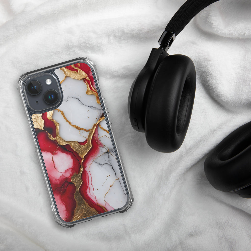 Crimson Golden Marble Luxe Clear Case for iPhone 15 - Luxury Red & Gold Marble Protective Cover
