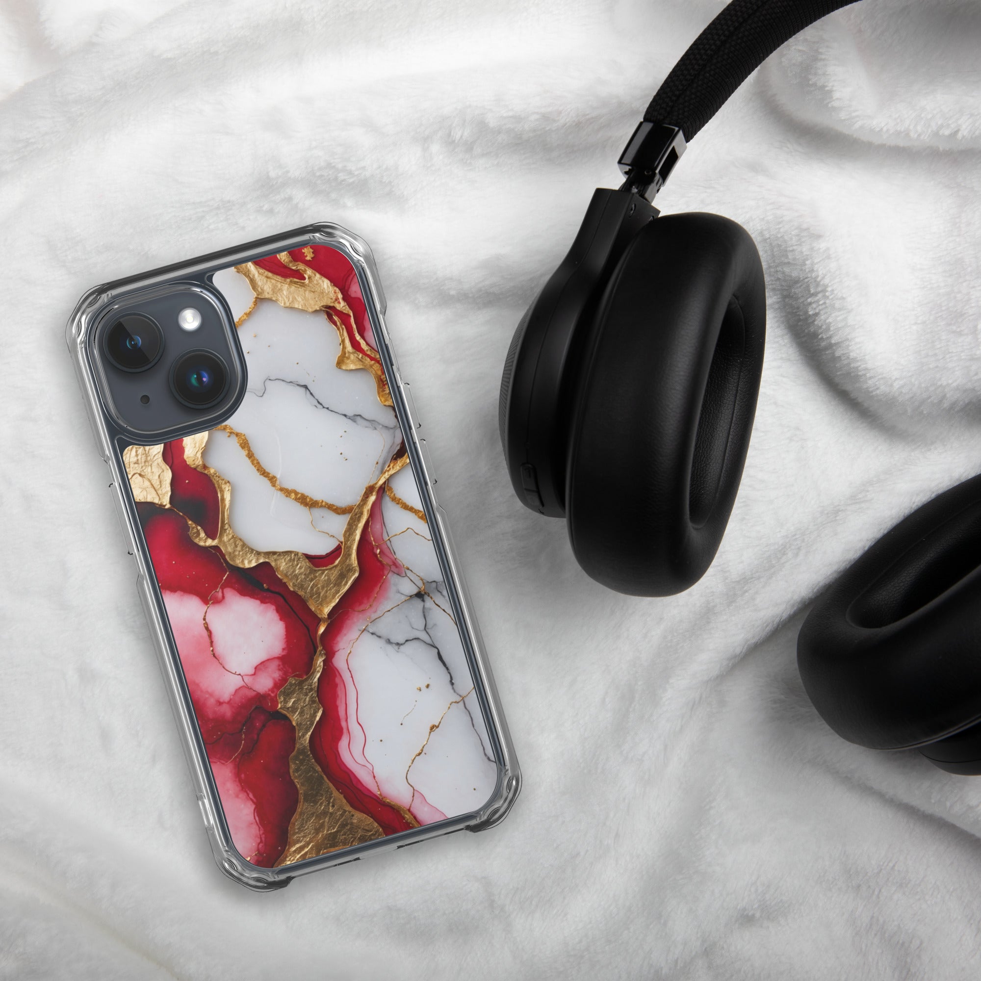Crimson Golden Marble Luxe Clear Case for iPhone 15 - Luxury Red & Gold Marble Protective Cover