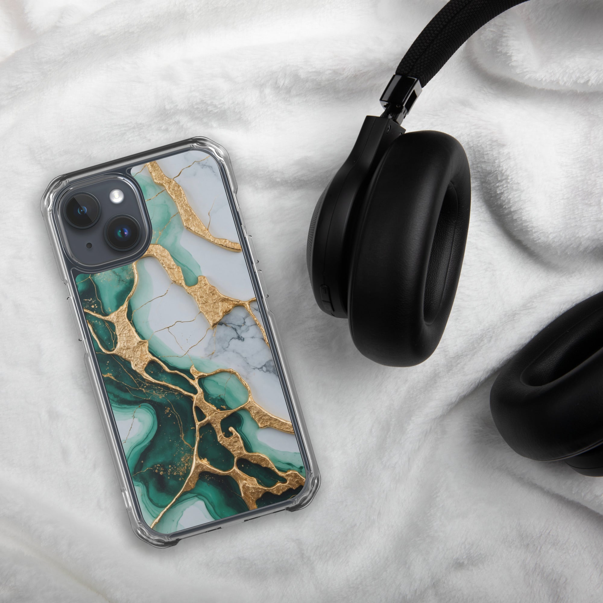 Emerald Golden Marble Flow Clear Case for iPhone 15