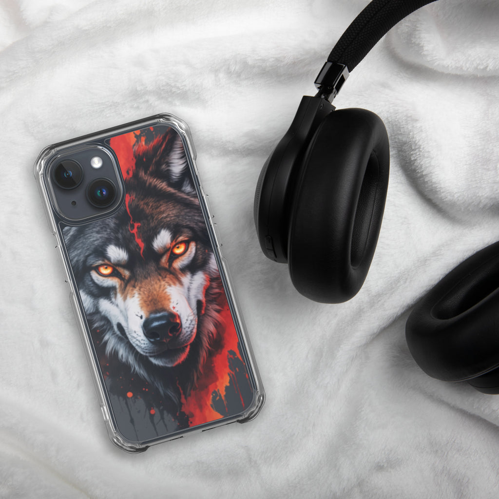 Dual Flame Wolf Clear Case for iPhone 15 - Fierce Wolf Artwork Protective Cover