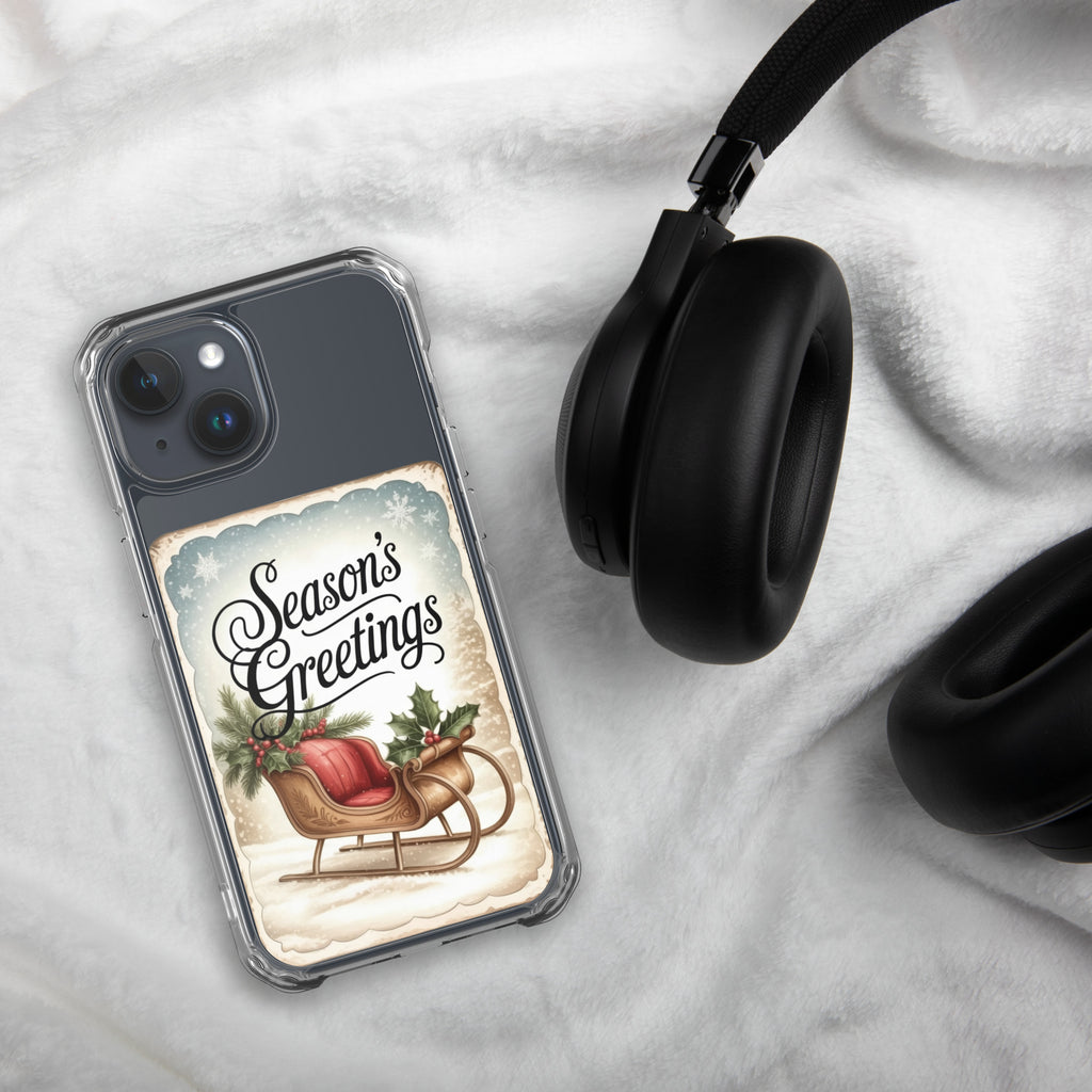 Season’s Greetings Vintage Holiday Clear Case for iPhone 15 - Retro Christmas Sleigh Festive Cover