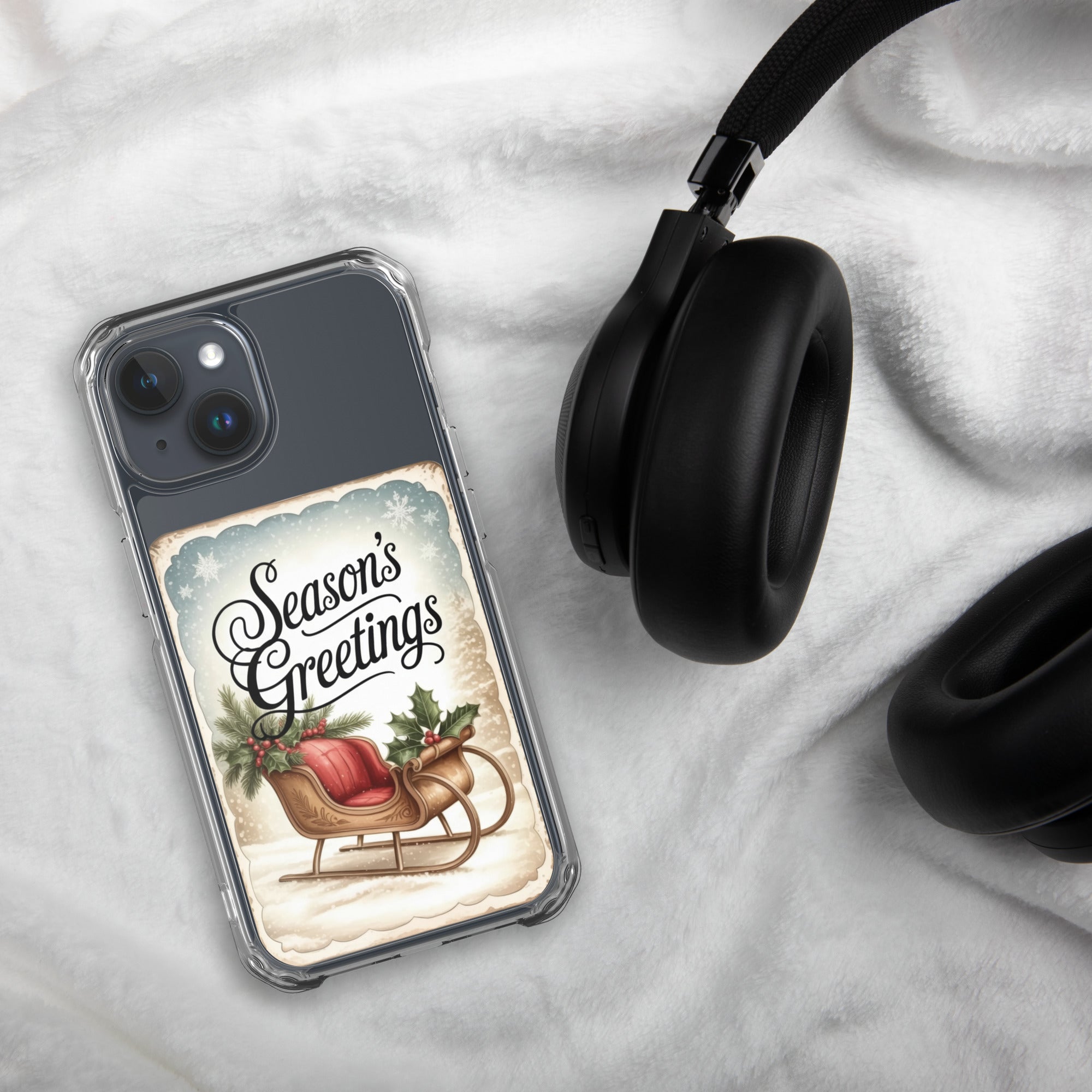 Season’s Greetings Vintage Holiday Clear Case for iPhone 15 - Retro Christmas Sleigh Festive Cover