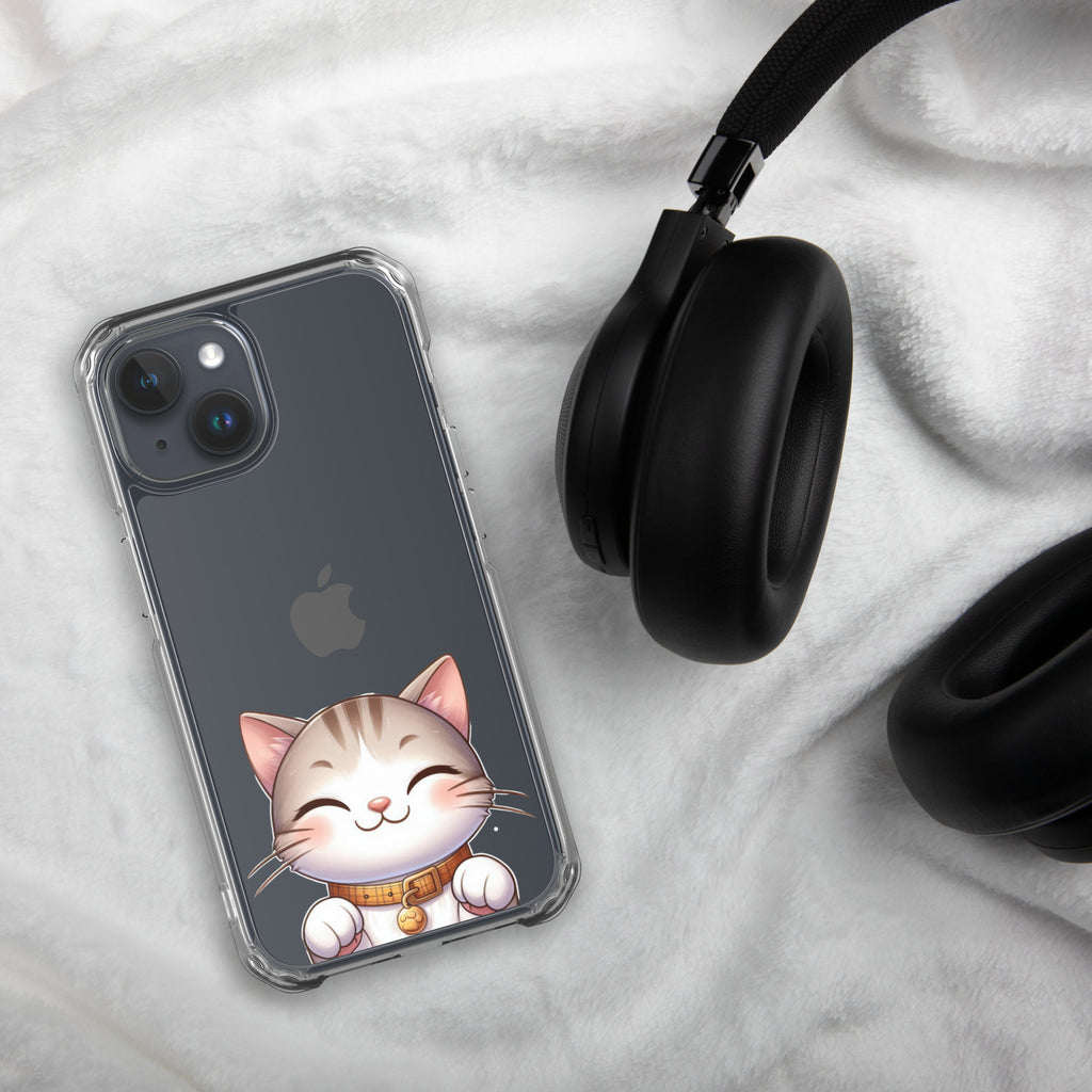 Happy Kitty Clear Case for iPhone 15 - Cute Smiling Cat Illustration Protective Cover