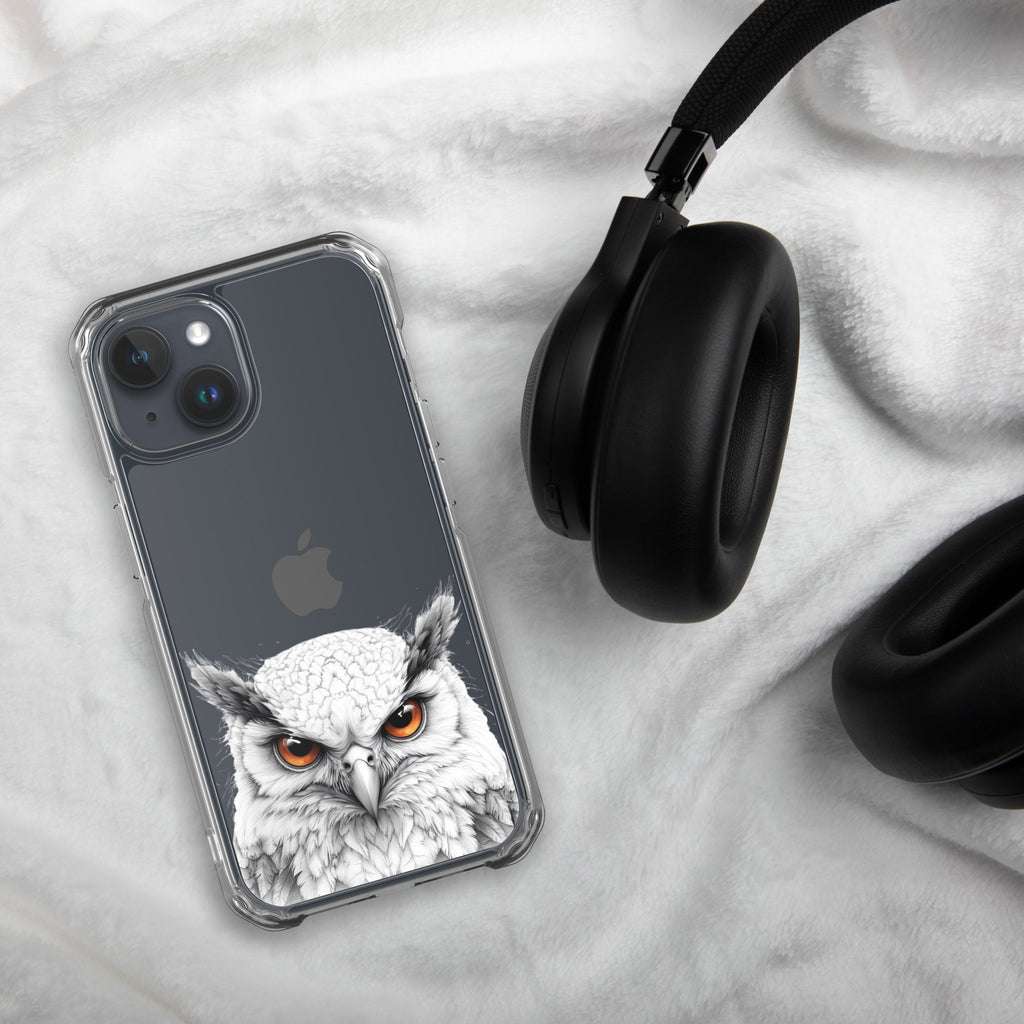 Snowy Owl Glare Clear Case for iPhone 15 - Minimalist White Owl Illustration Protective Cover