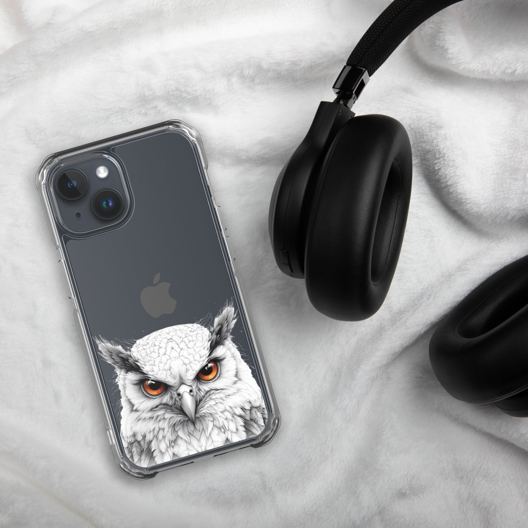 Snowy Owl Glare Clear Case for iPhone 15 - Minimalist White Owl Illustration Protective Cover