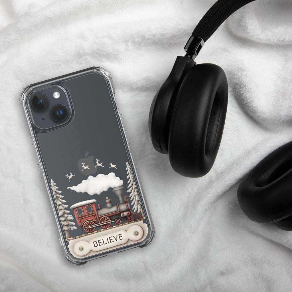Believe Christmas Train Clear Case for iPhone 15 - Vintage Holiday Locomotive Winter Scene Cover