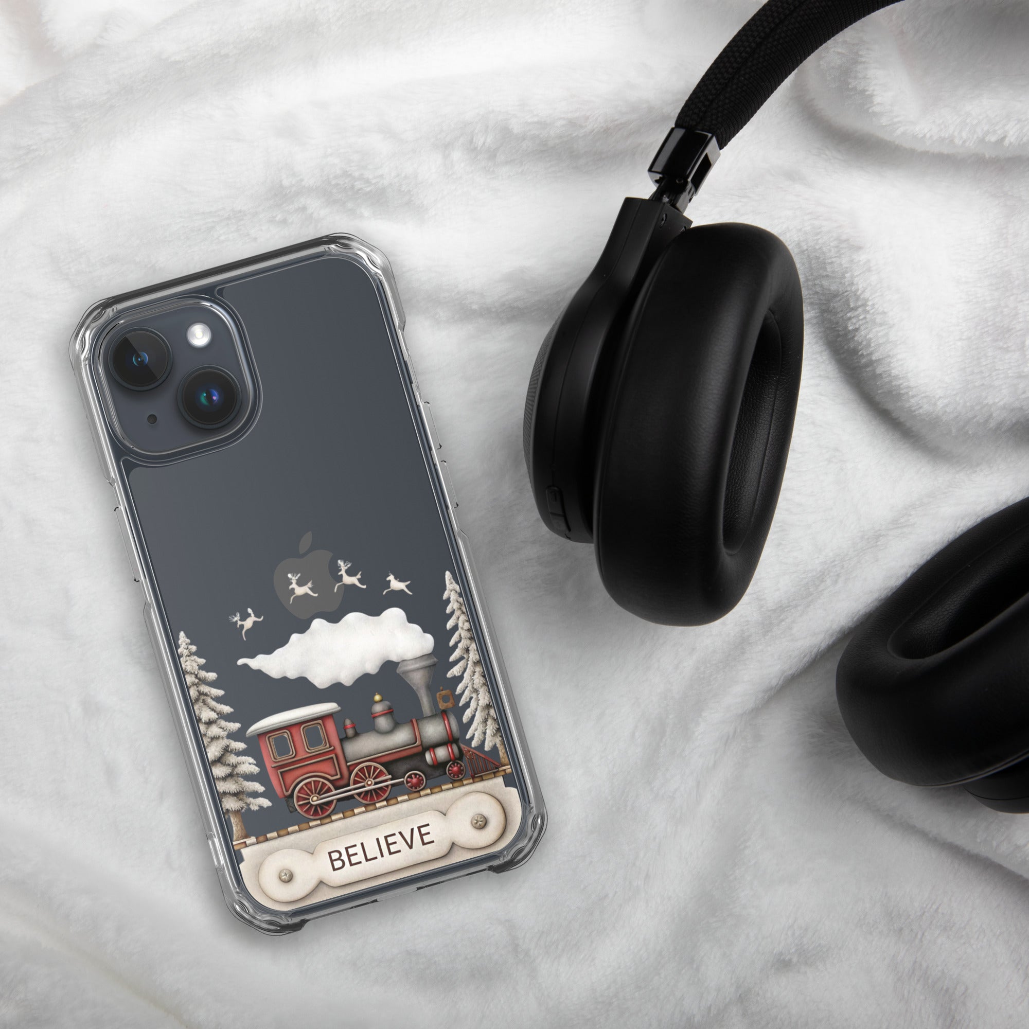 Believe Christmas Train Clear Case for iPhone 15 - Vintage Holiday Locomotive Winter Scene Cover