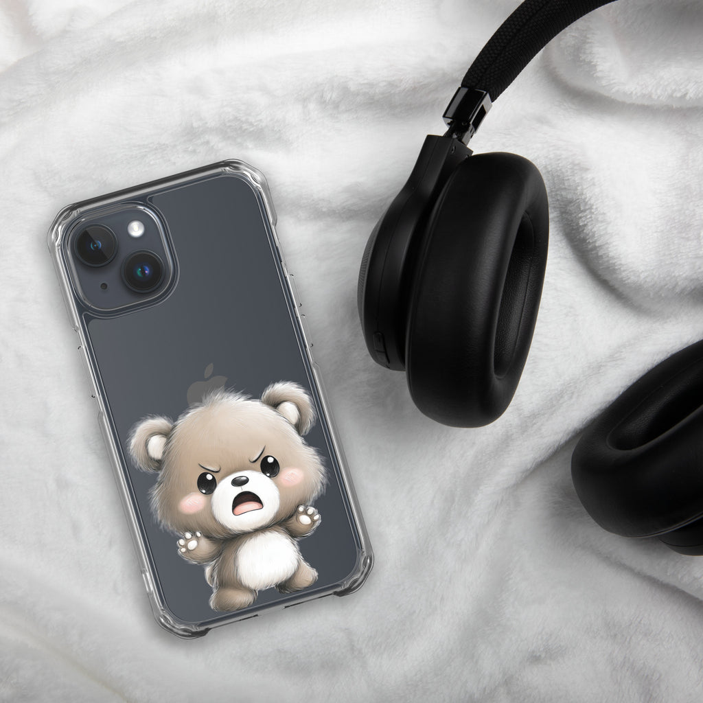 Angry Cute Bear Clear Case for iPhone 15 - Funny Kawaii Bear Protective Cover