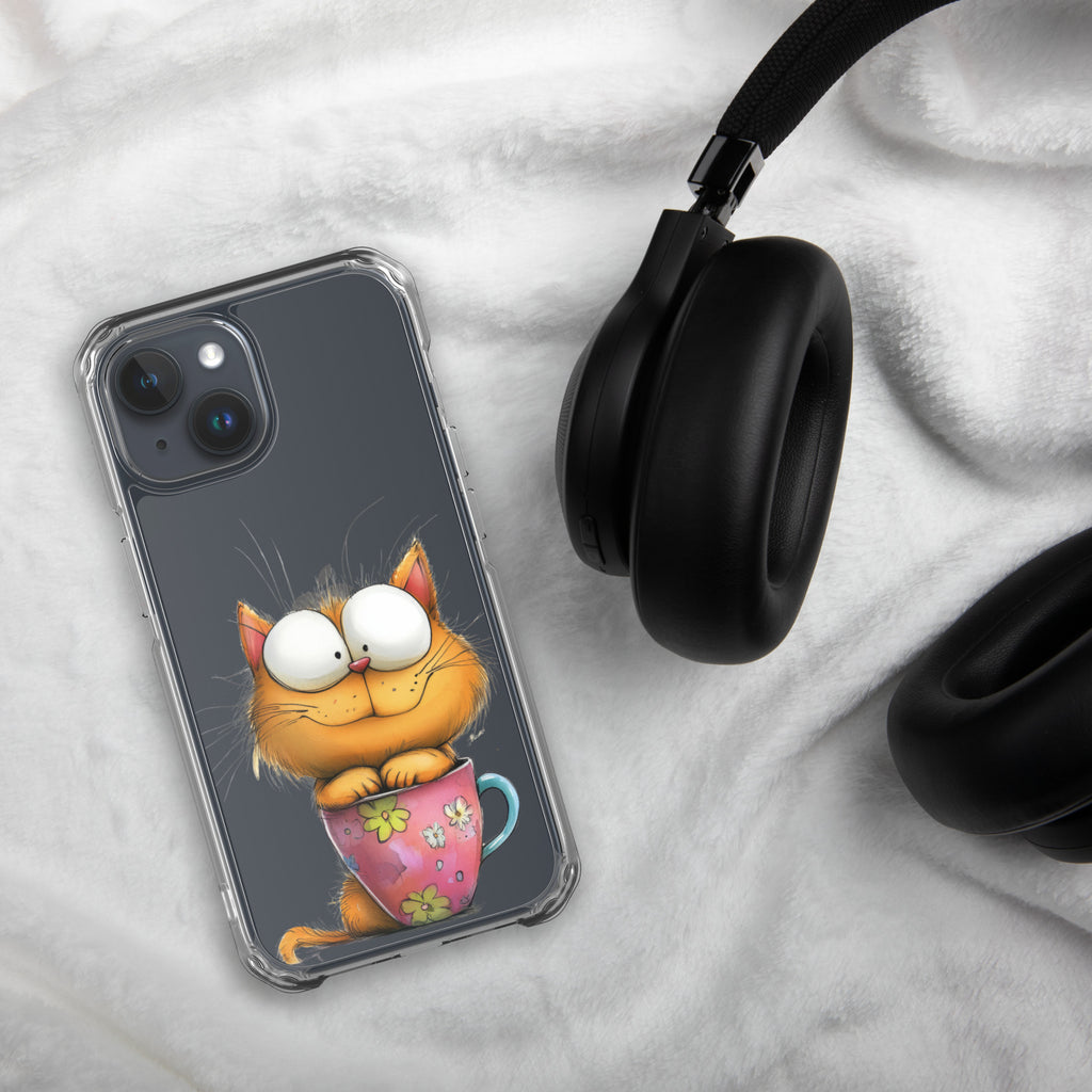 Goofy Cat in Cup Clear Case for iPhone 15 - Funny Cartoon Kitty Protective Cover