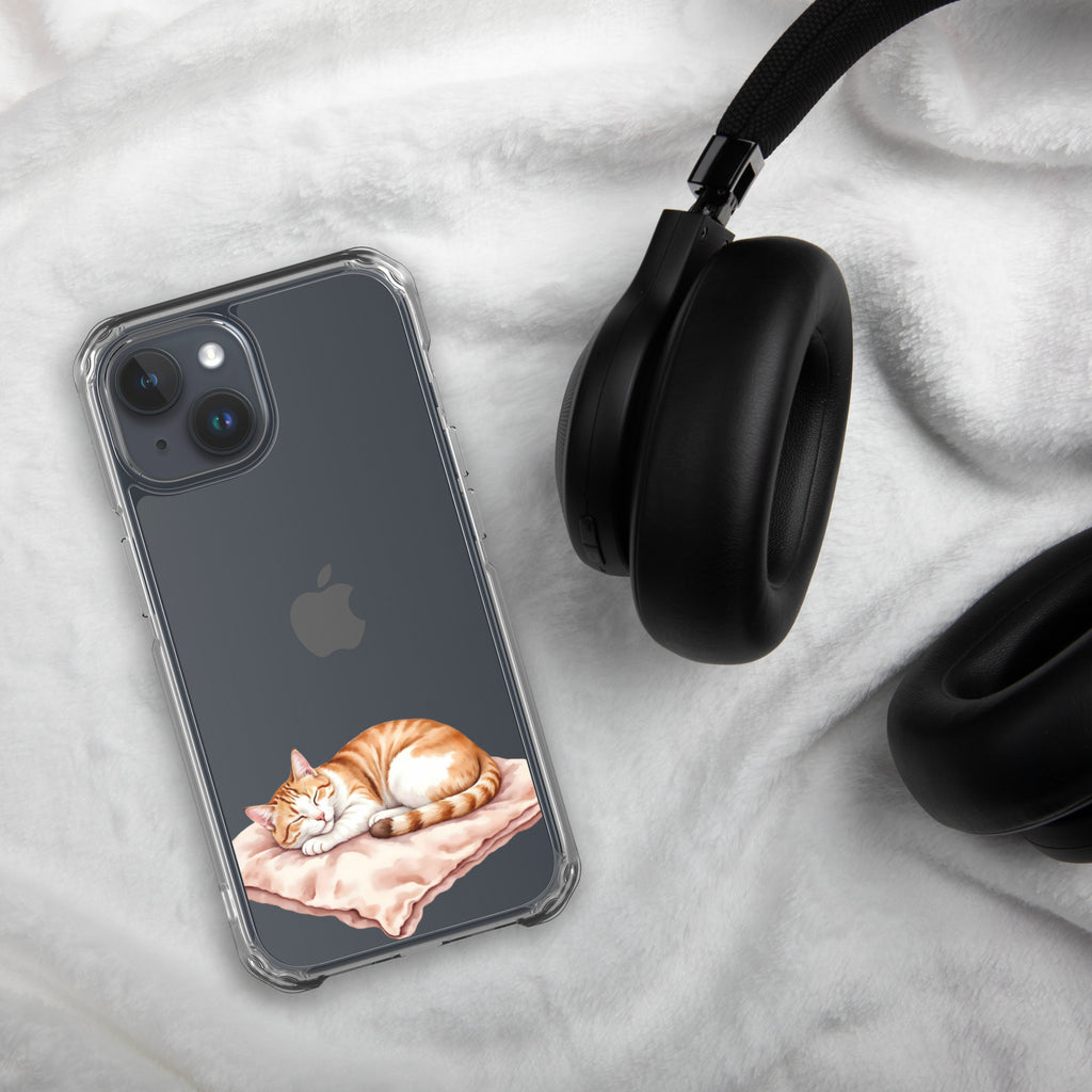 Sleepy Cat on Pillow Clear Case for iPhone 15 - Cute Cozy Kitty Illustration Protective Cover