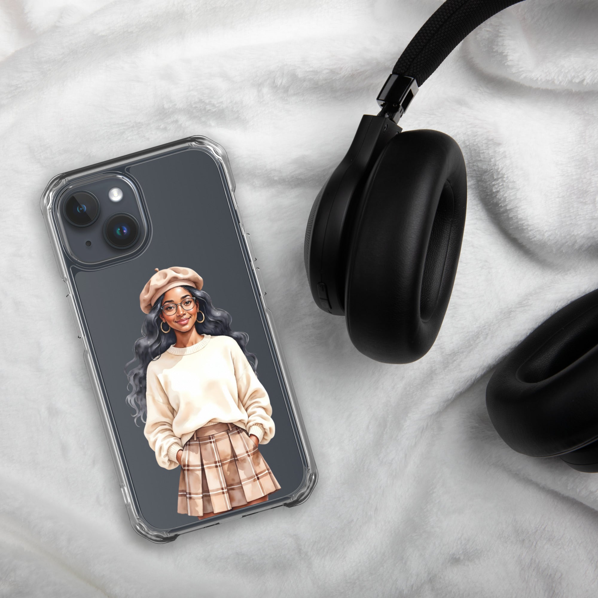 Cozy Plaid Autumn Girl Clear Case for iPhone 15 - Fashion Illustration Protective Cover