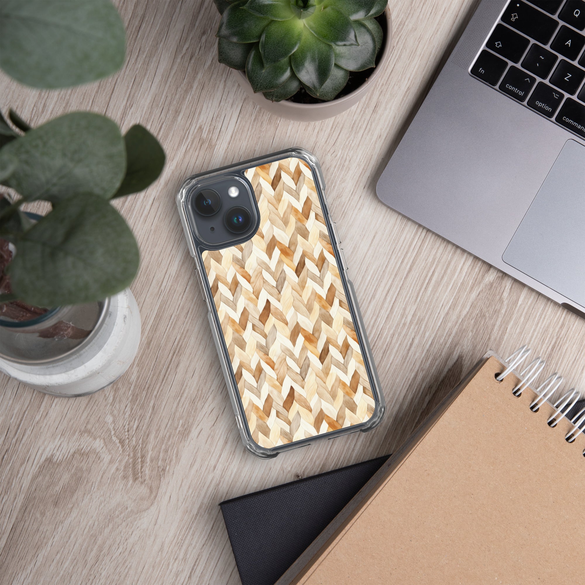 Cozy Knit Pattern Clear Case for iPhone 15 - Neutral Braided Texture Protective Cover