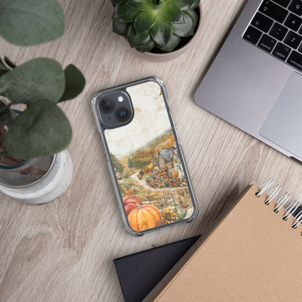 Autumn Village Clear Case for iPhone 15 - Fall Rustic Pumpkin Design Protective Cover