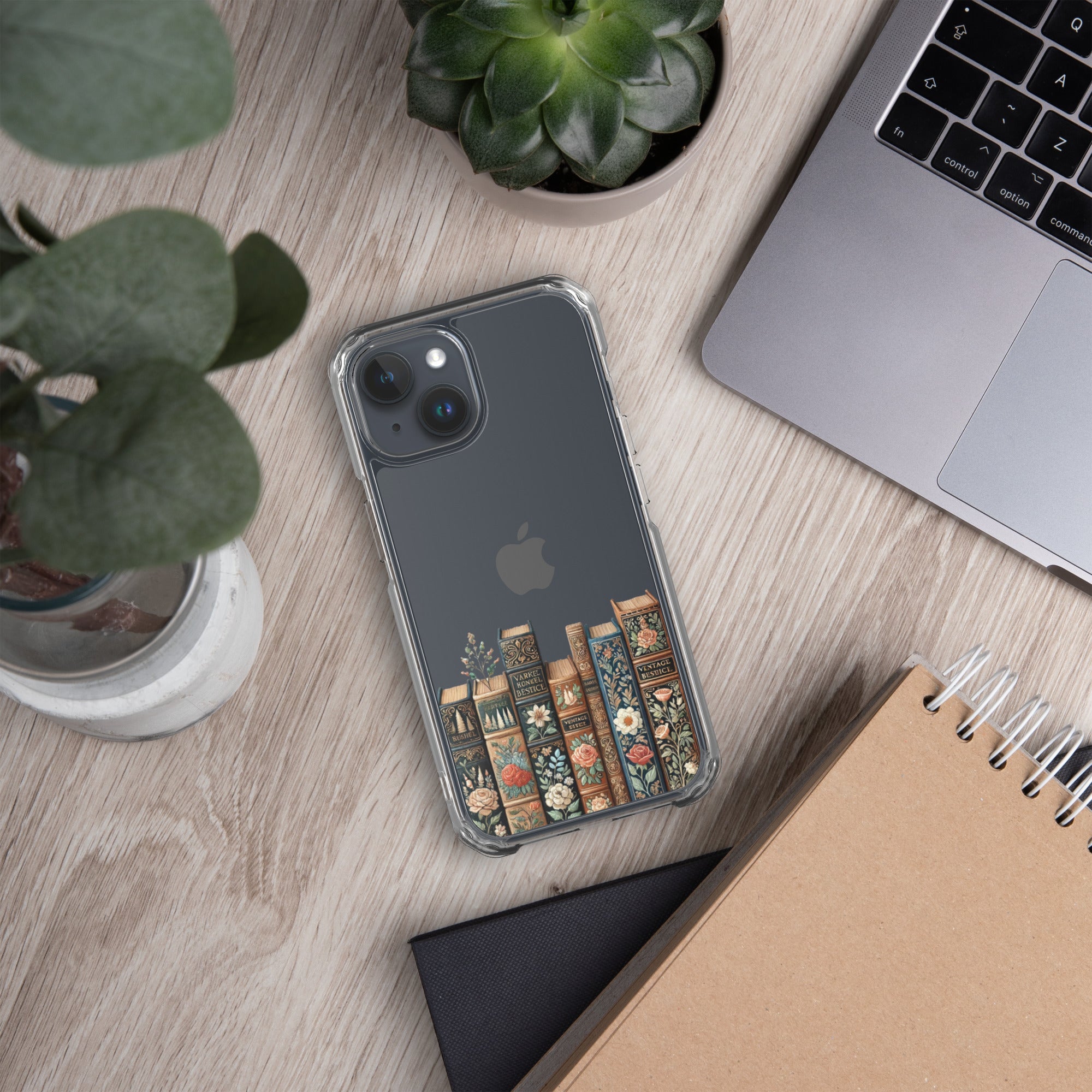 Vintage Floral Bookshelf Clear Case for iPhone 15