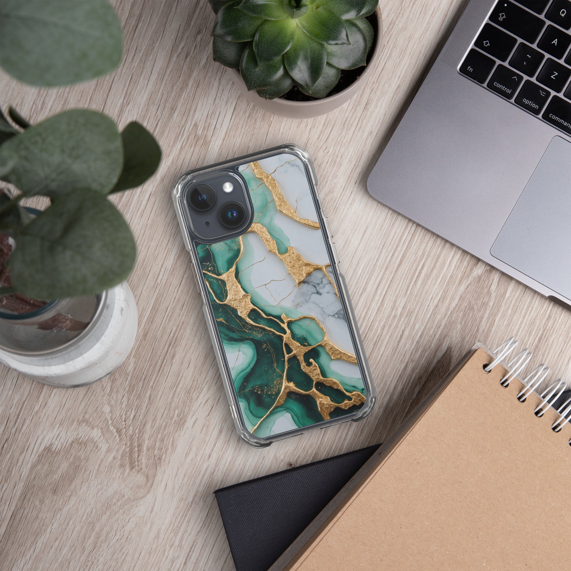 Emerald Golden Marble Flow Clear Case for iPhone 15