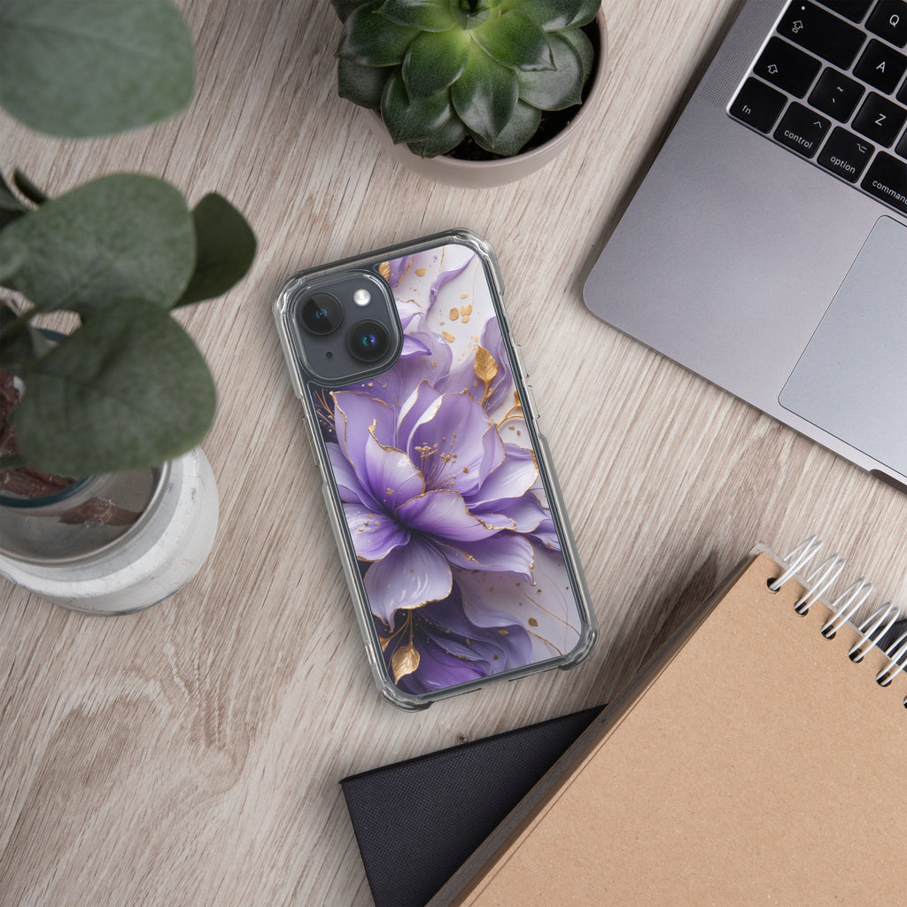 Royal Violet Bloom Clear Case for iPhone 15 - Luxury Purple & Gold Floral Protective Cover