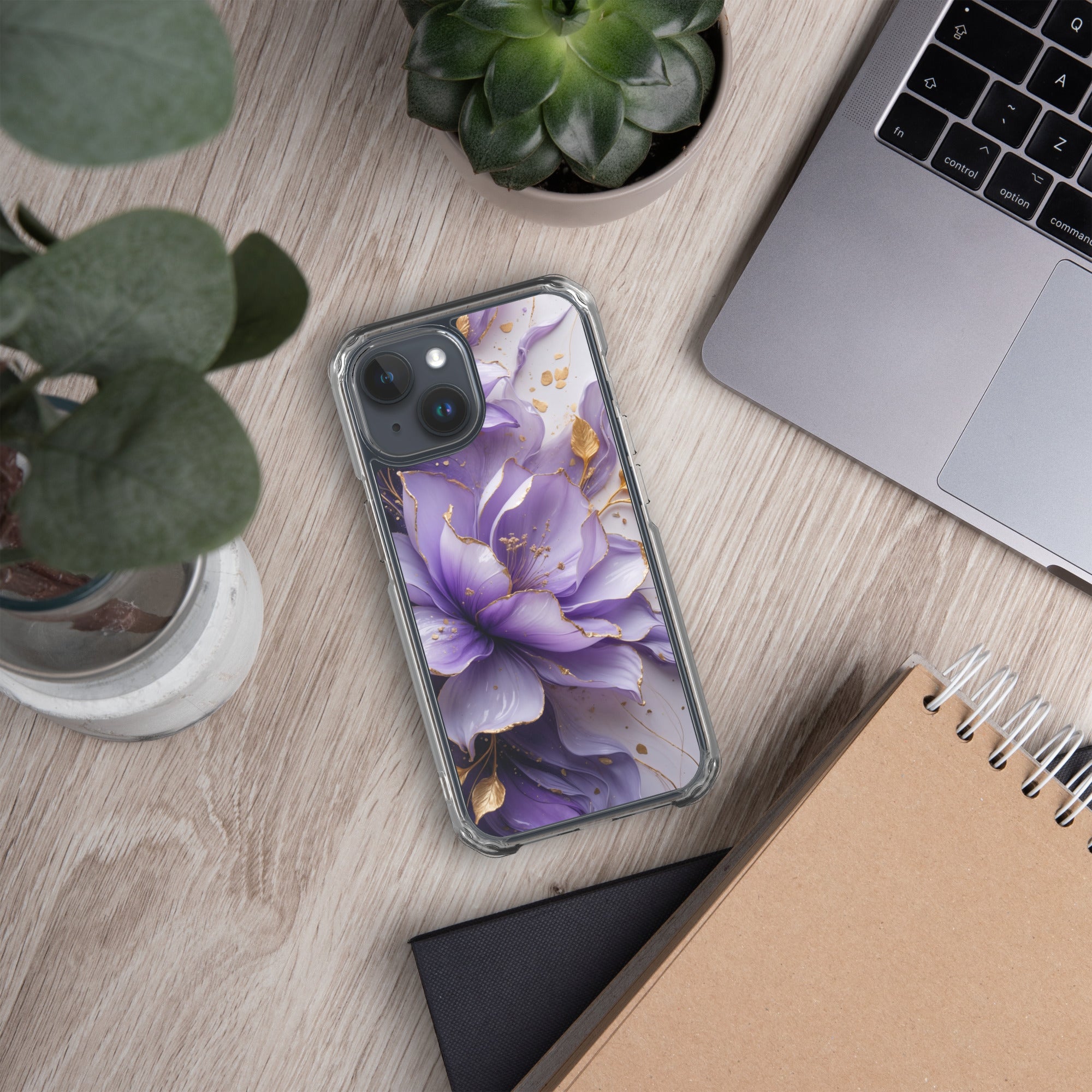 Royal Violet Bloom Clear Case for iPhone 15 - Luxury Purple & Gold Floral Protective Cover