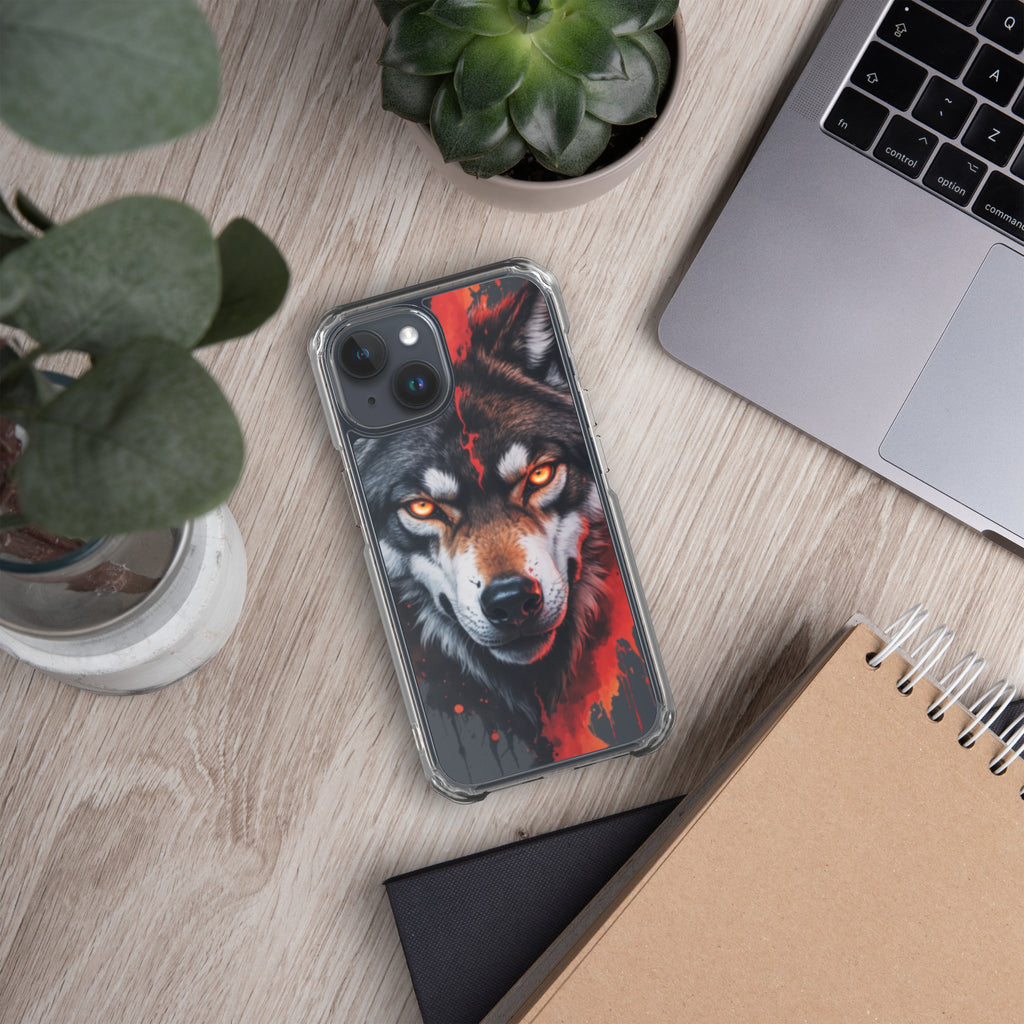 Dual Flame Wolf Clear Case for iPhone 15 - Fierce Wolf Artwork Protective Cover