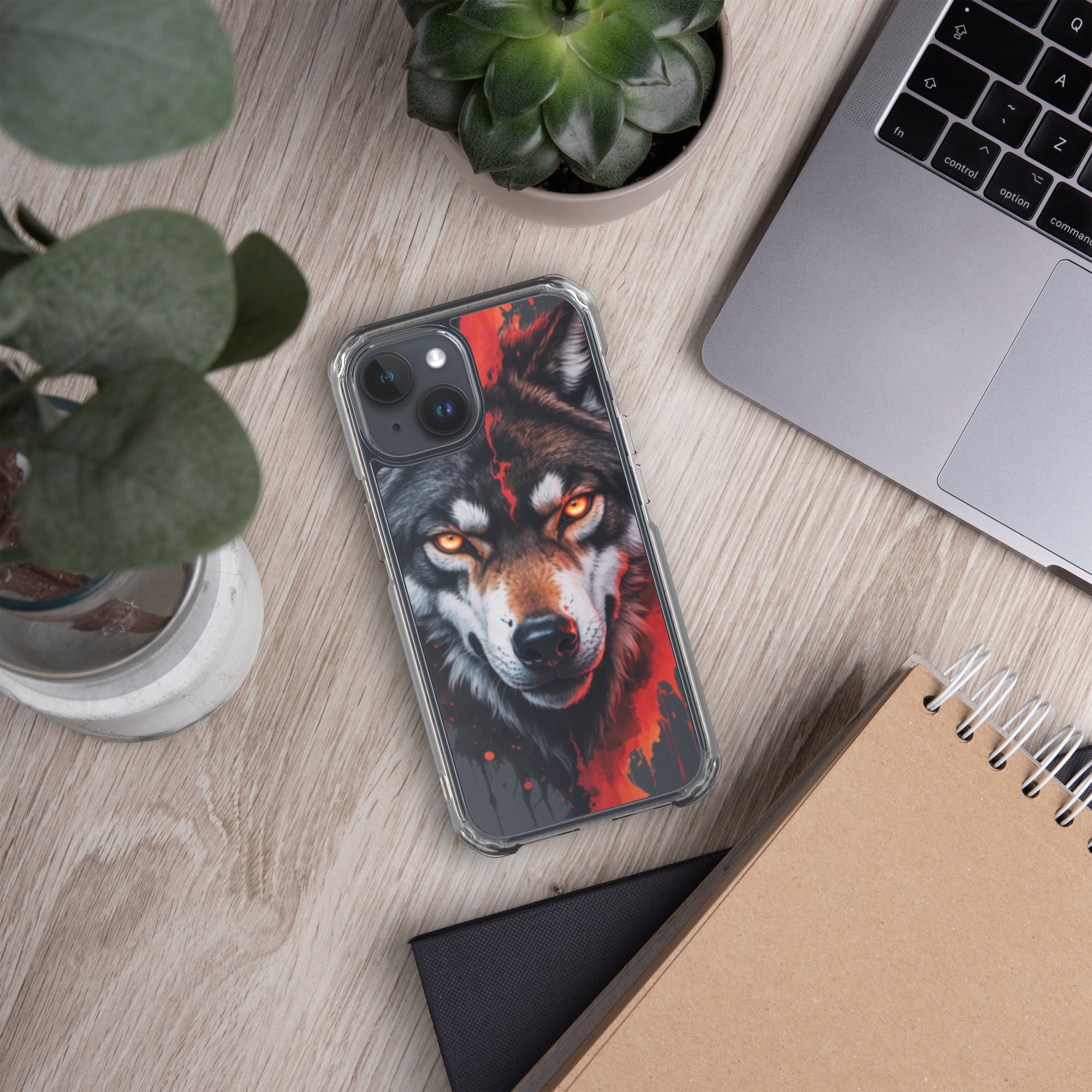 Dual Flame Wolf Clear Case for iPhone 15 - Fierce Wolf Artwork Protective Cover