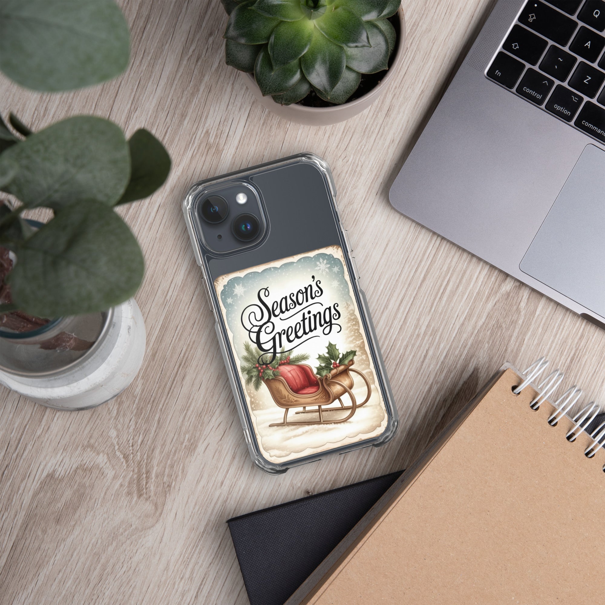 Season’s Greetings Vintage Holiday Clear Case for iPhone 15 - Retro Christmas Sleigh Festive Cover
