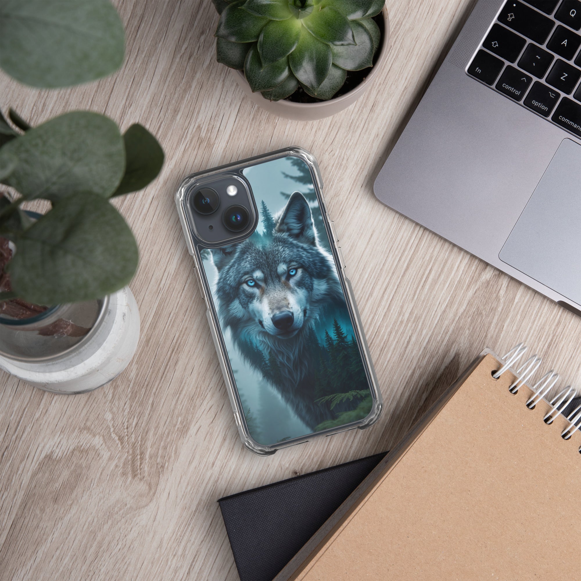 Arctic Forest Wolf Clear Case for iPhone 15 - Blue-Eyed Wolf Nature Protective Cover