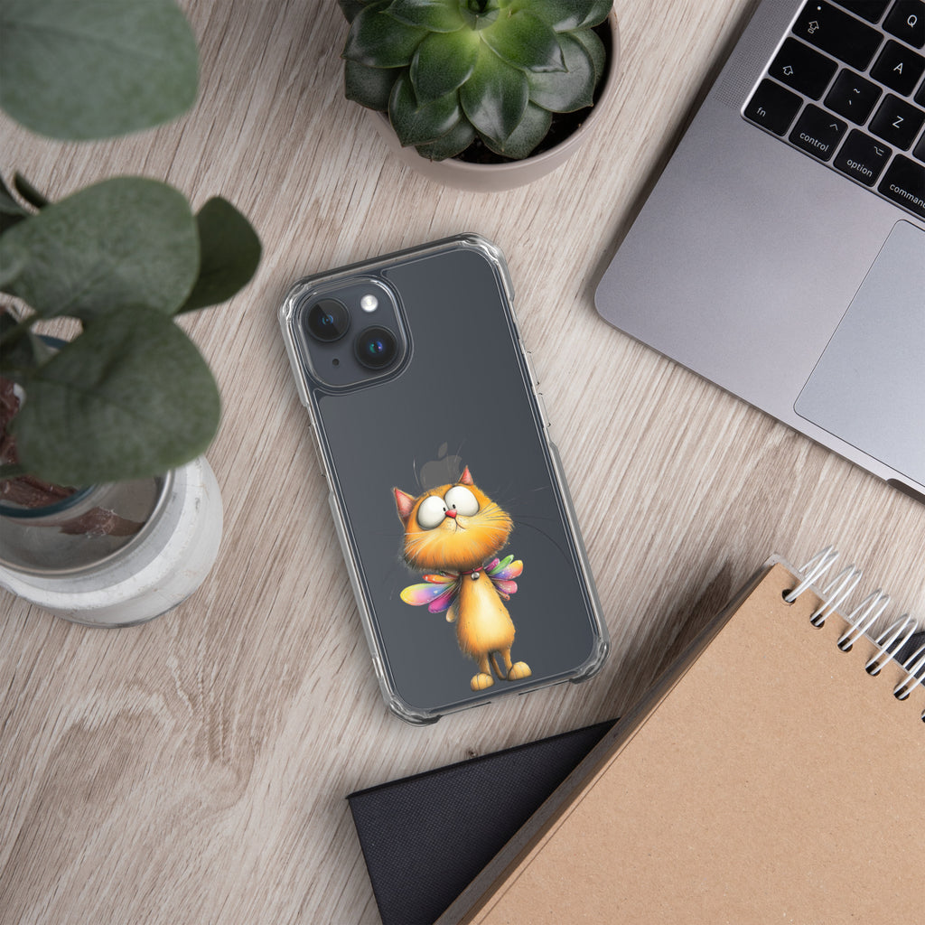 Fairy Cat Clear Case for iPhone 15 - Cute Magical Kitty with Colorful Wings Protective Cover