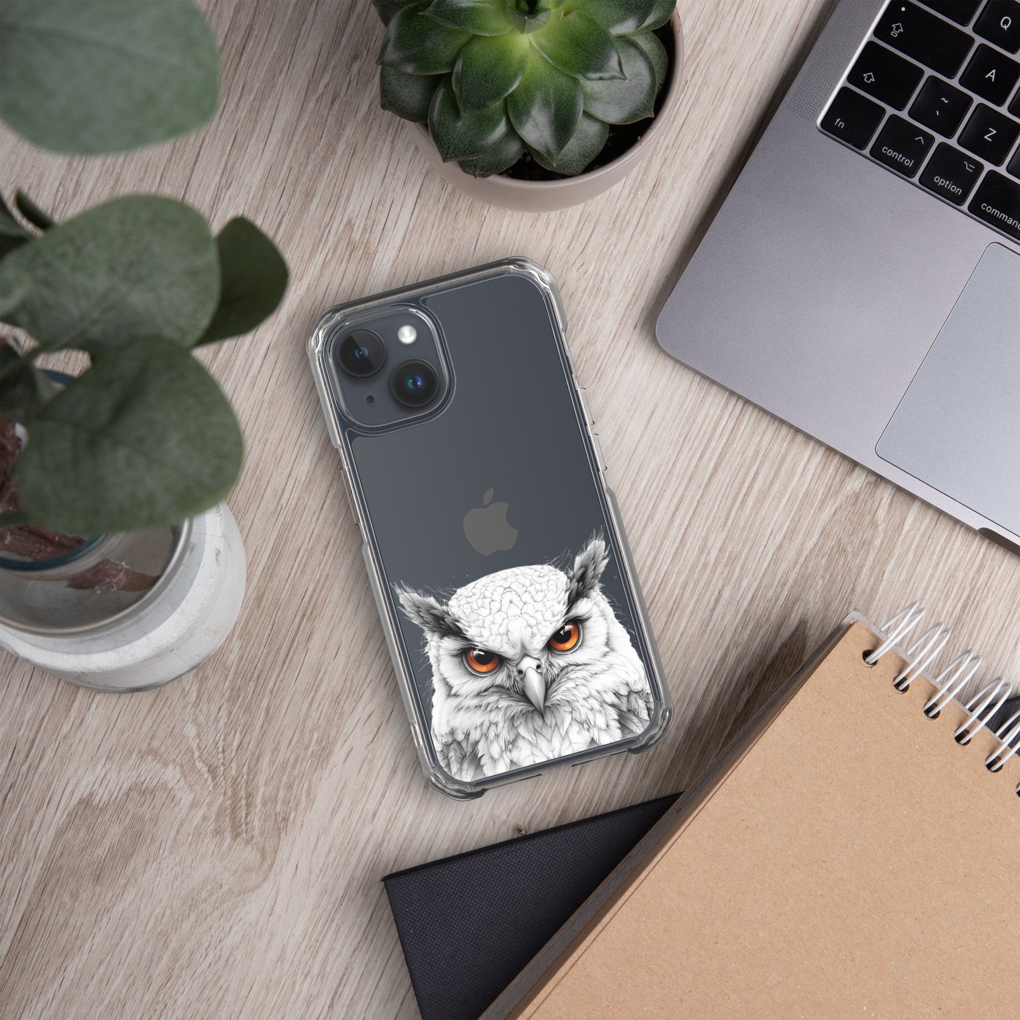 Snowy Owl Glare Clear Case for iPhone 15 - Minimalist White Owl Illustration Protective Cover