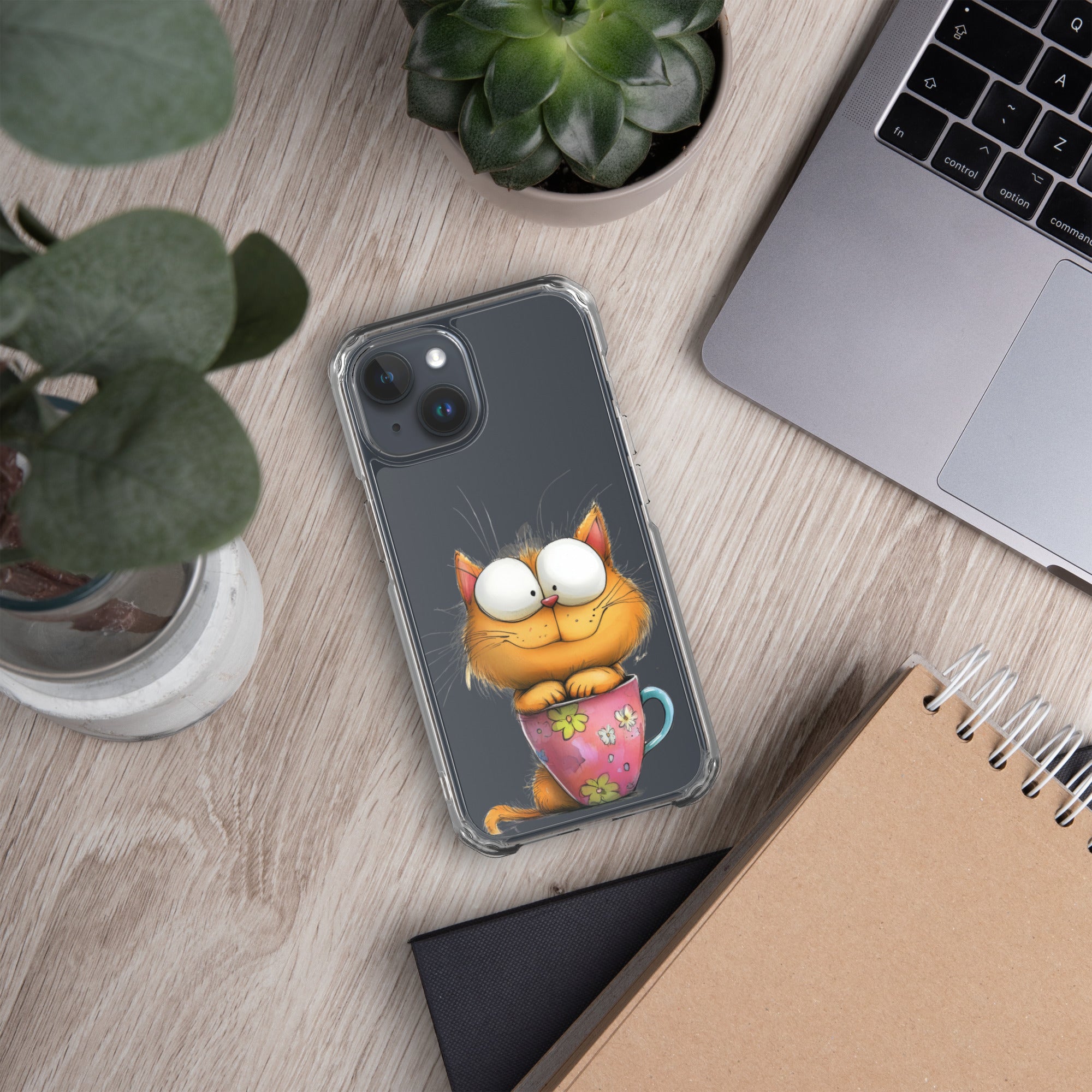 Goofy Cat in Cup Clear Case for iPhone 15 - Funny Cartoon Kitty Protective Cover