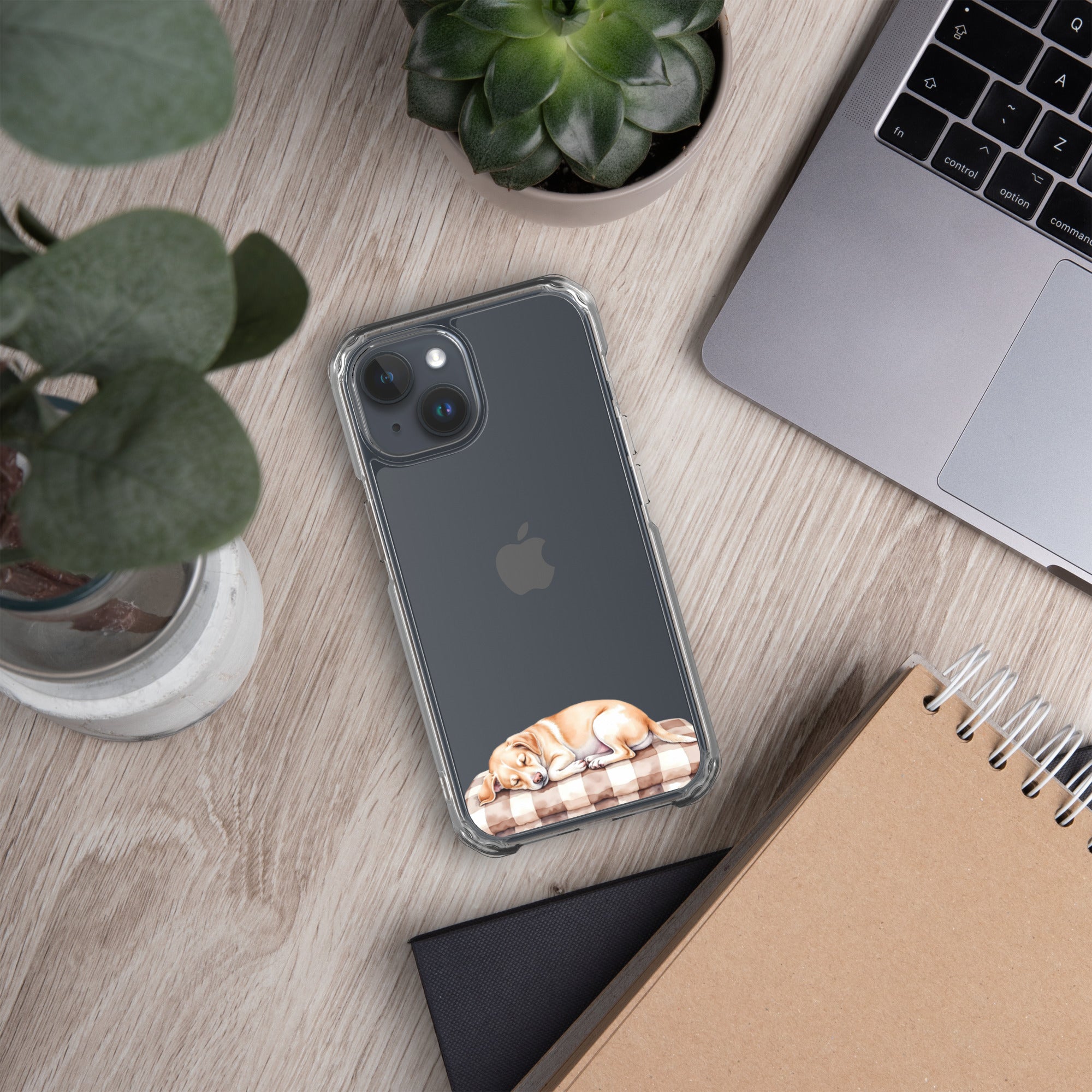 Sleepy Dog on Checkered Blanket Clear Case for iPhone 15