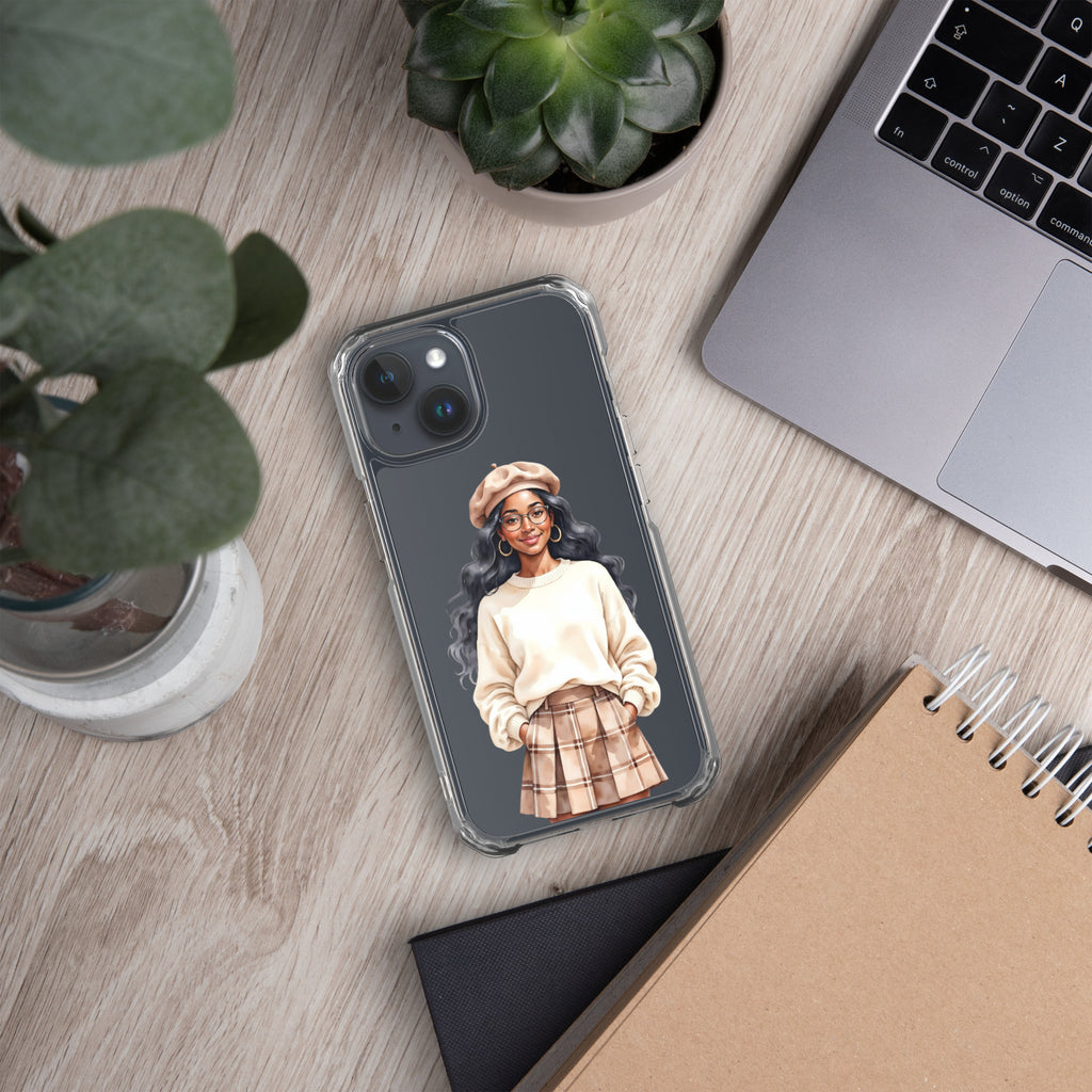 Cozy Plaid Autumn Girl Clear Case for iPhone 15 - Fashion Illustration Protective Cover