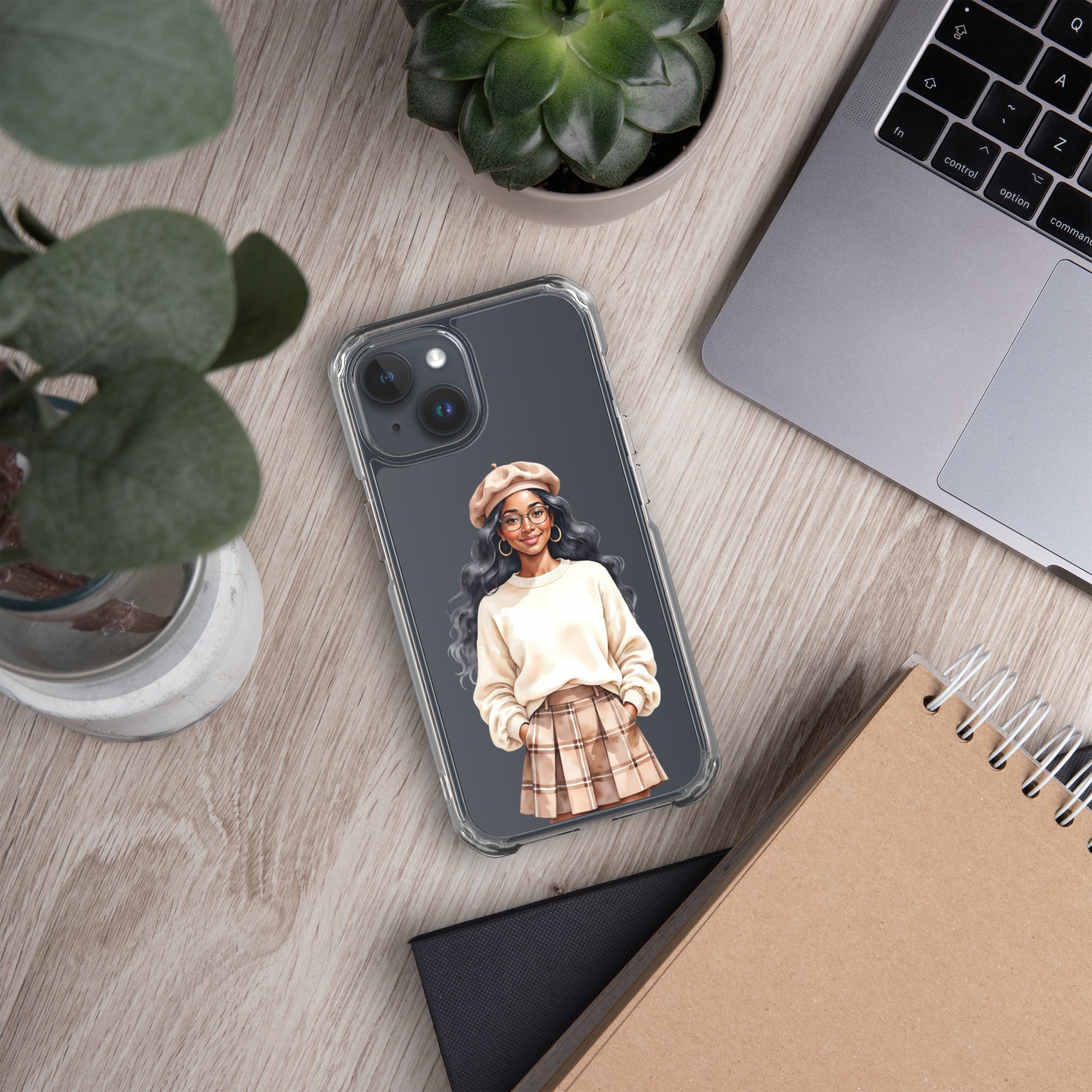 Cozy Plaid Autumn Girl Clear Case for iPhone 15 - Fashion Illustration Protective Cover