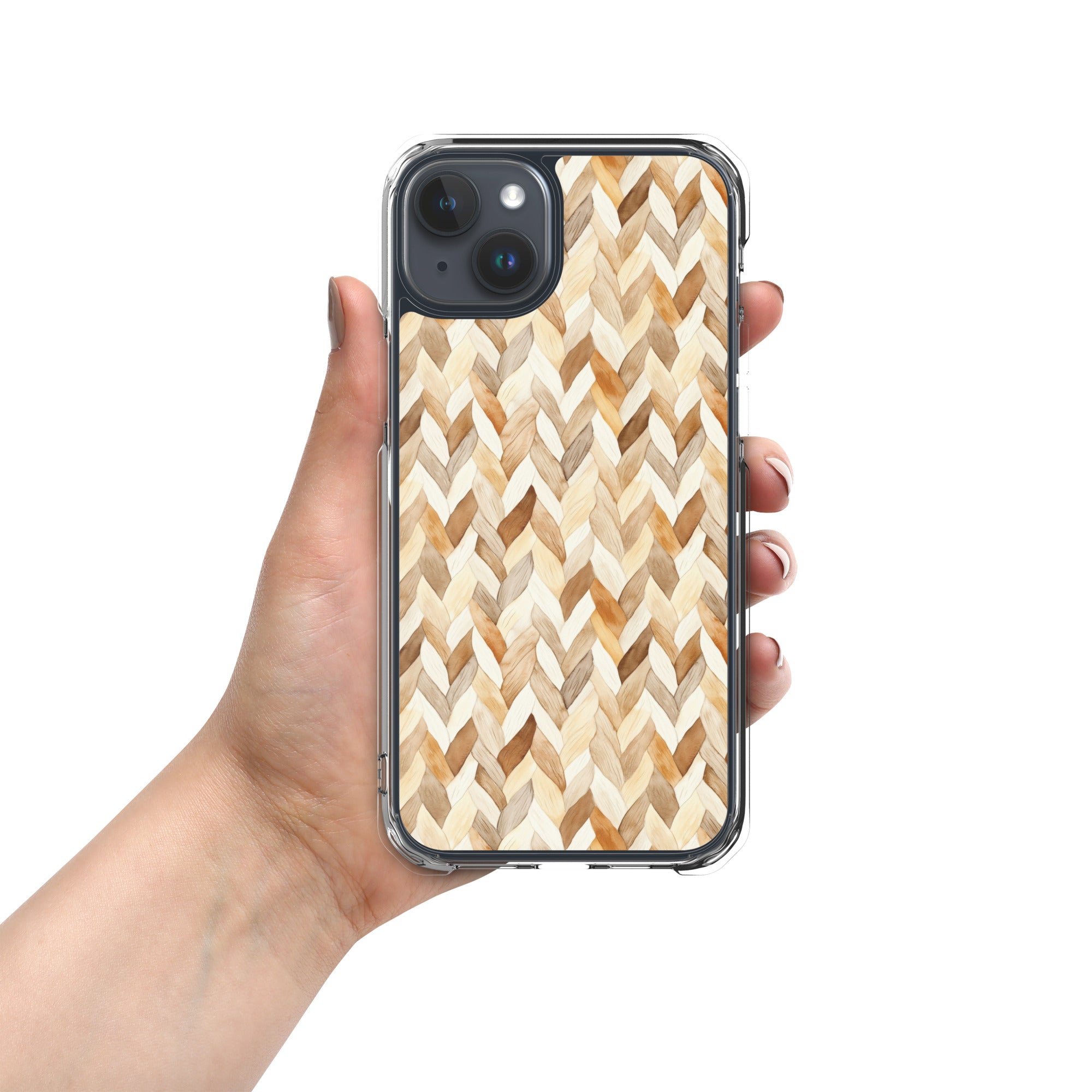 Cozy Knit Pattern Clear Case for iPhone 15 Plus - Neutral Braided Texture Protective Cover