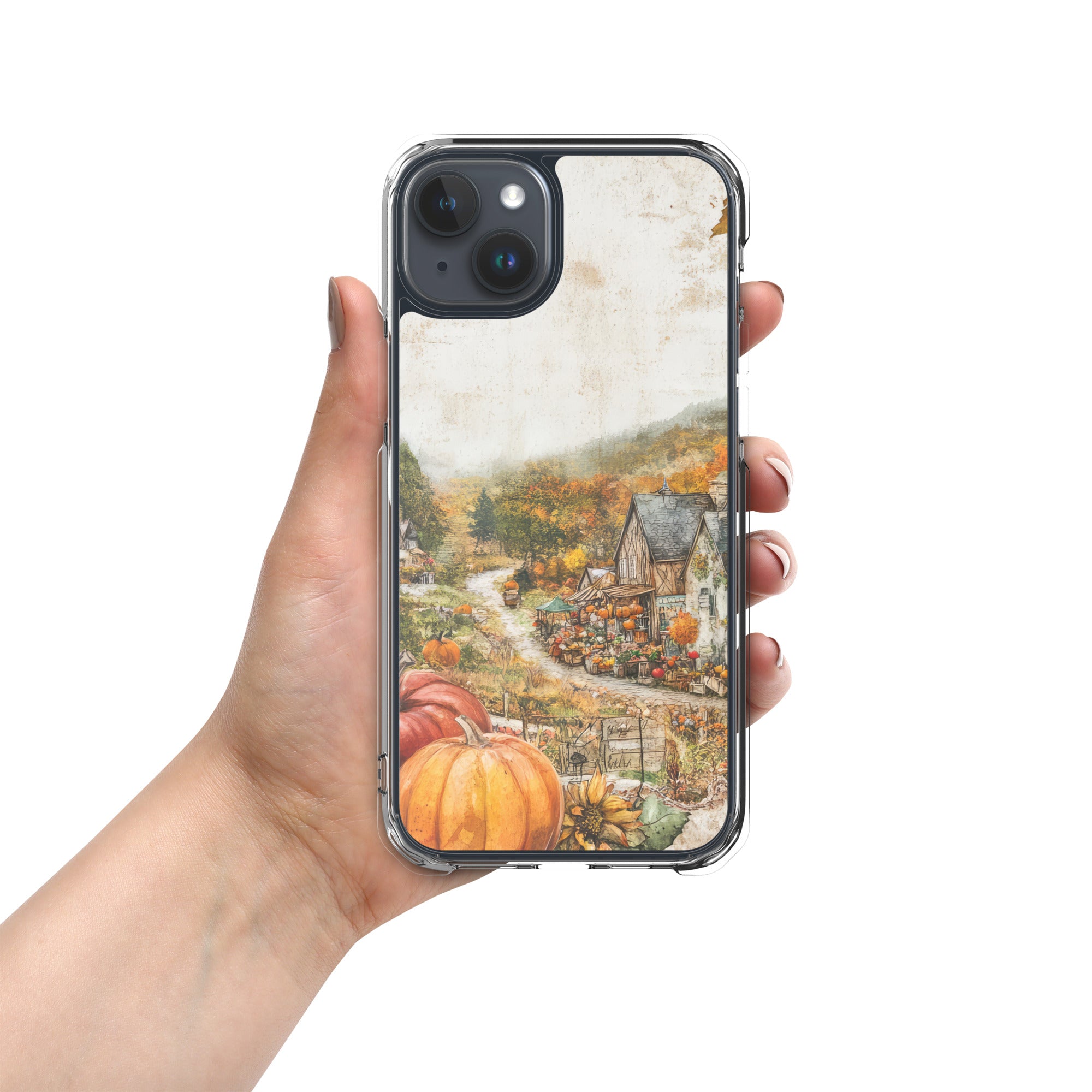 Autumn Village Clear Case for iPhone 15 Plus - Fall Rustic Pumpkin Design Protective Cover