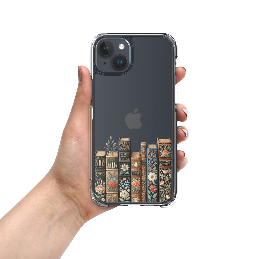Vintage Floral Bookshelf Clear Case for iPhone 15 Plus