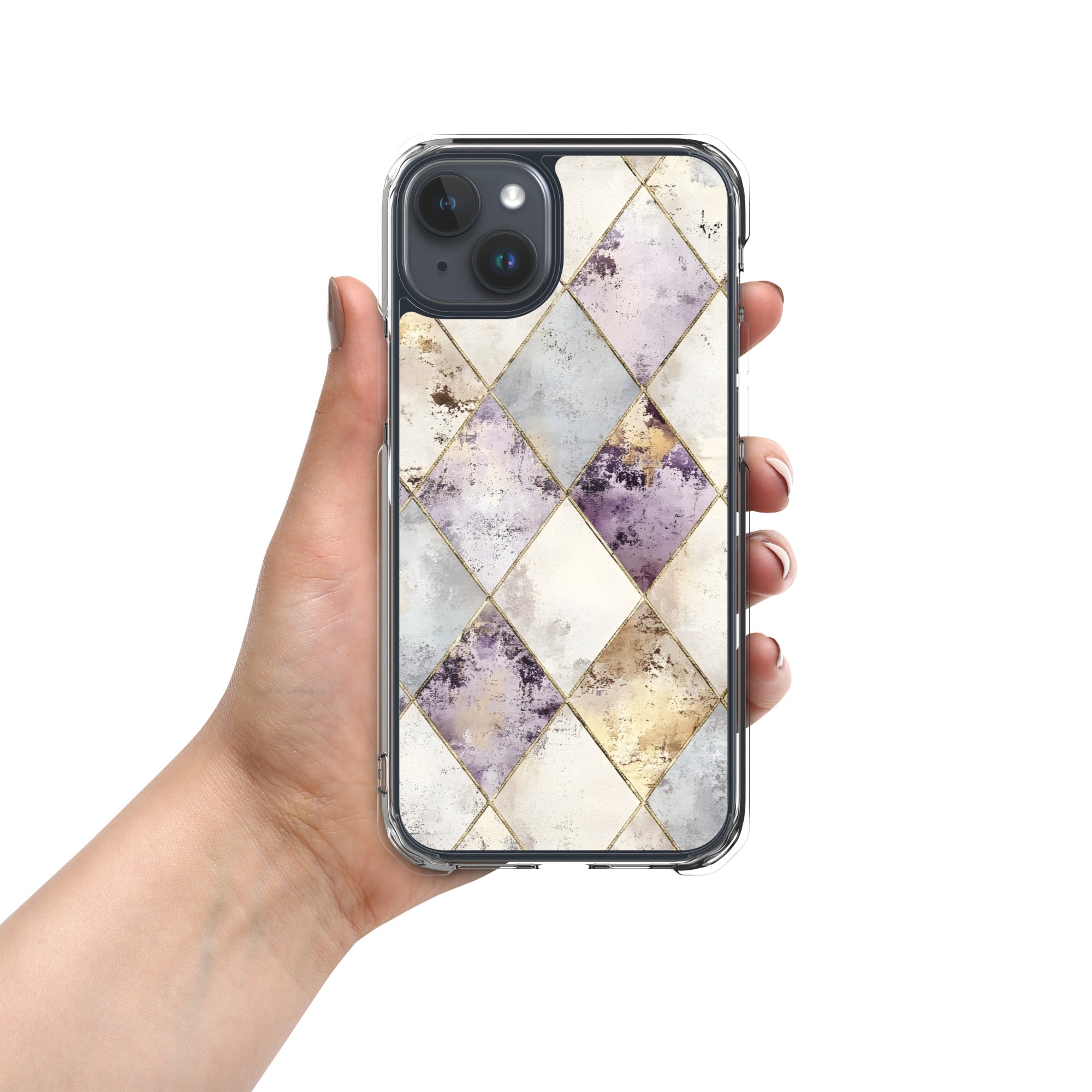 Golden Harlequin Damask Clear Case for iPhone 15 Plus - Elegant Gold Geometric Protective Cover
