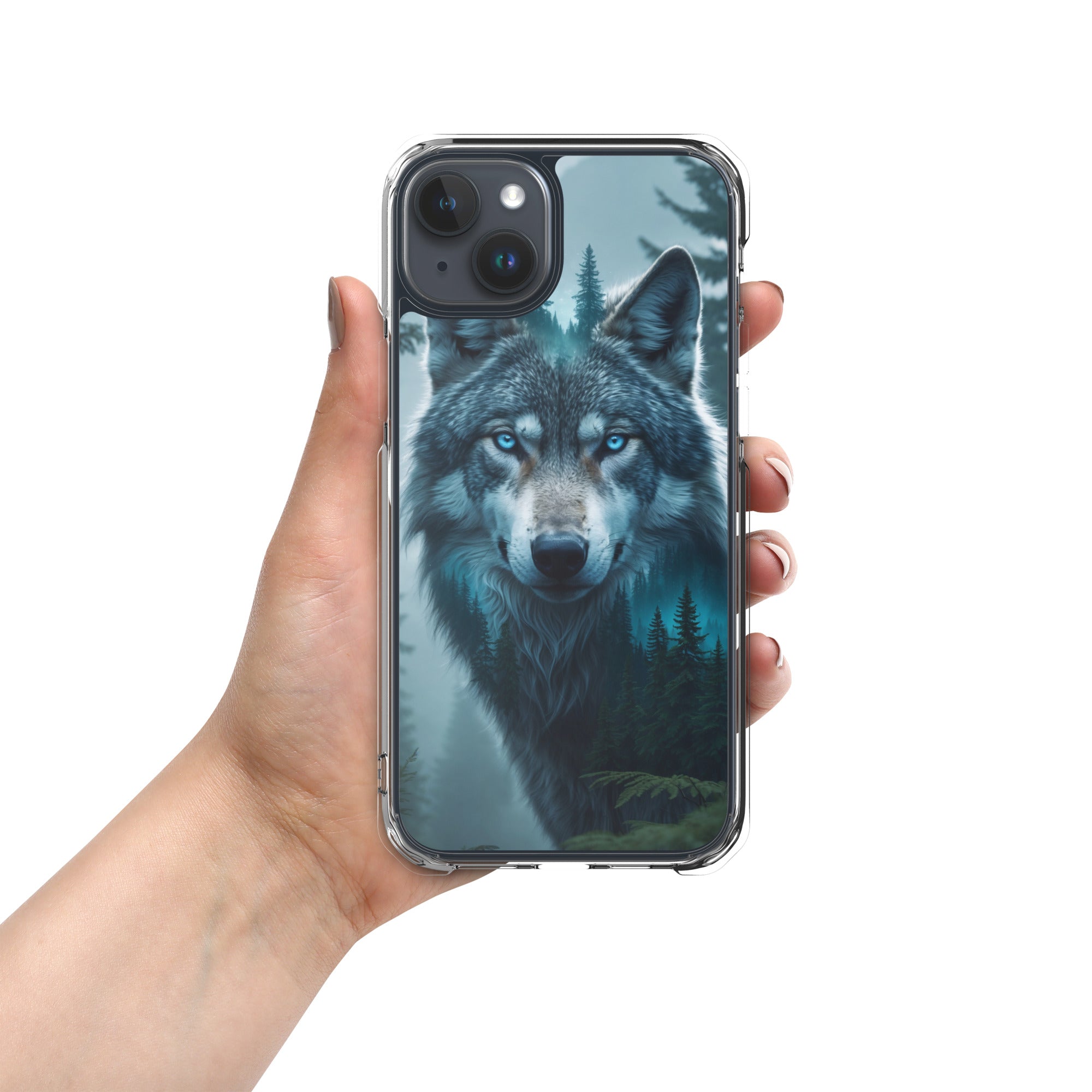 Arctic Forest Wolf Clear Case for iPhone 15 Plus - Blue-Eyed Wolf Nature Protective Cover