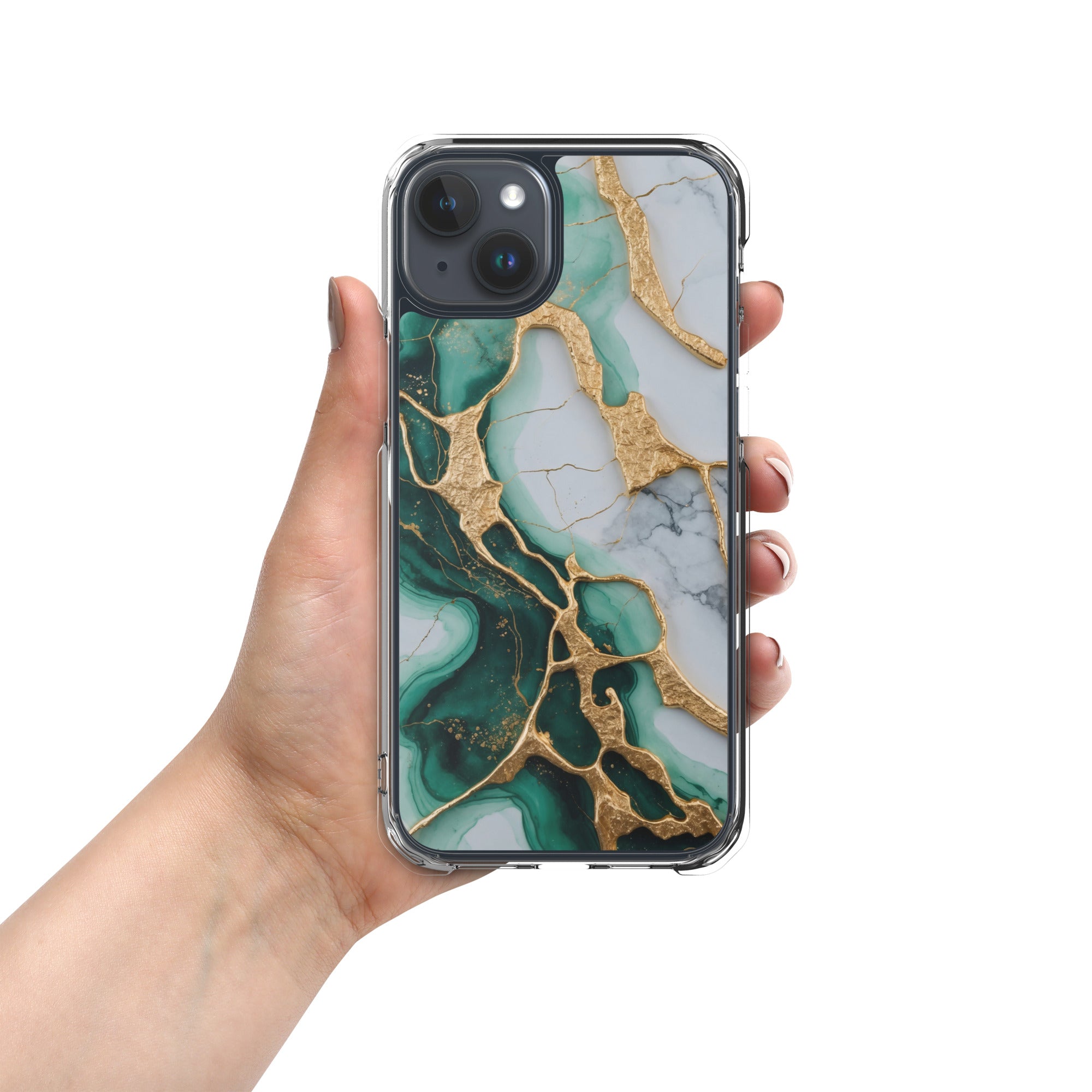 Emerald Golden Marble Flow Clear Case for iPhone 15 Plus