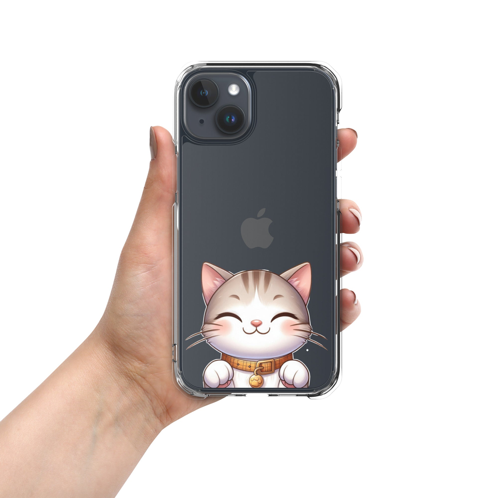 Happy Kitty Clear Case for iPhone 15 Plus - Cute Smiling Cat Illustration Protective Cover