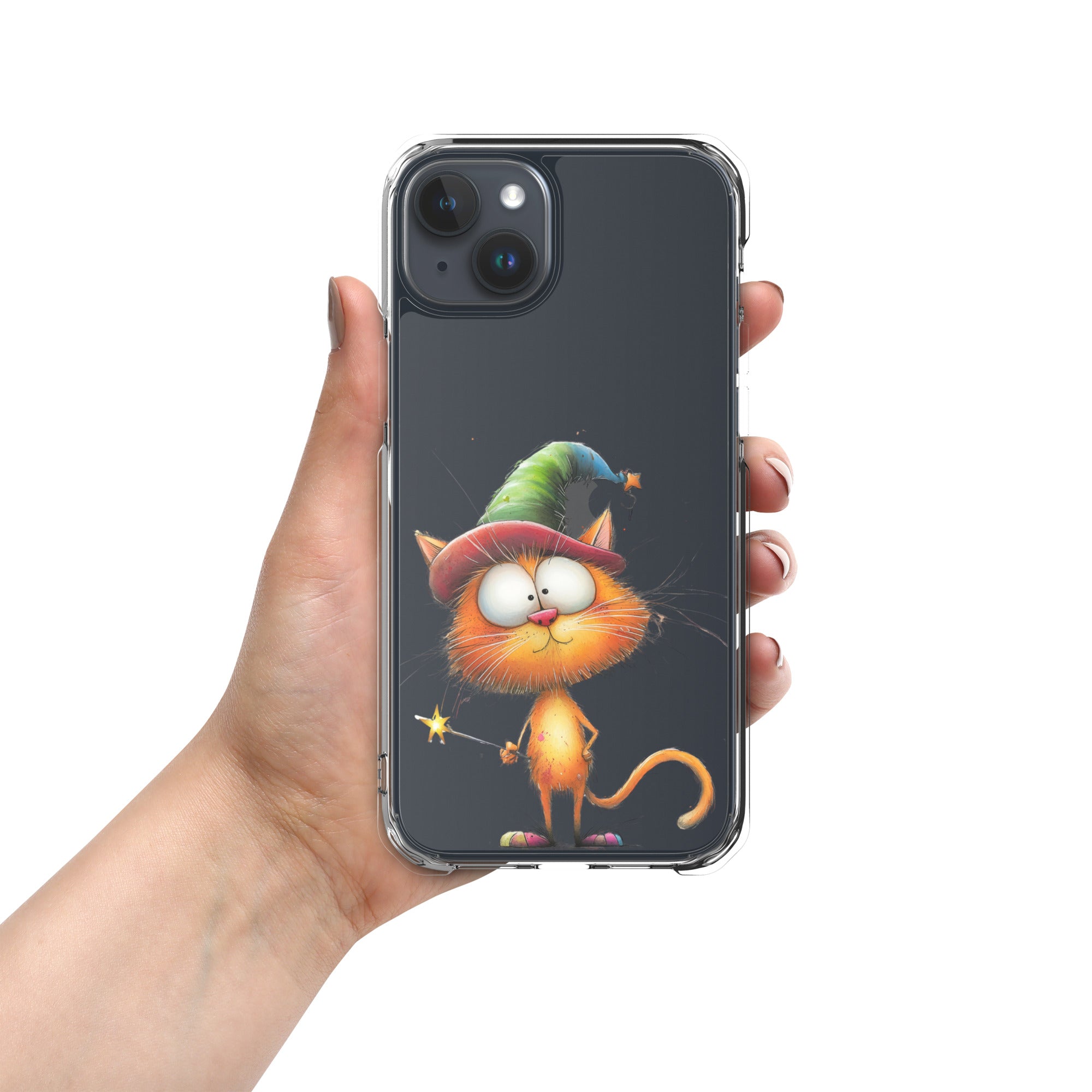 Wizard Cat Clear Case for iPhone 15 Plus - Funny Magic Kitty Cartoon Protective Cover