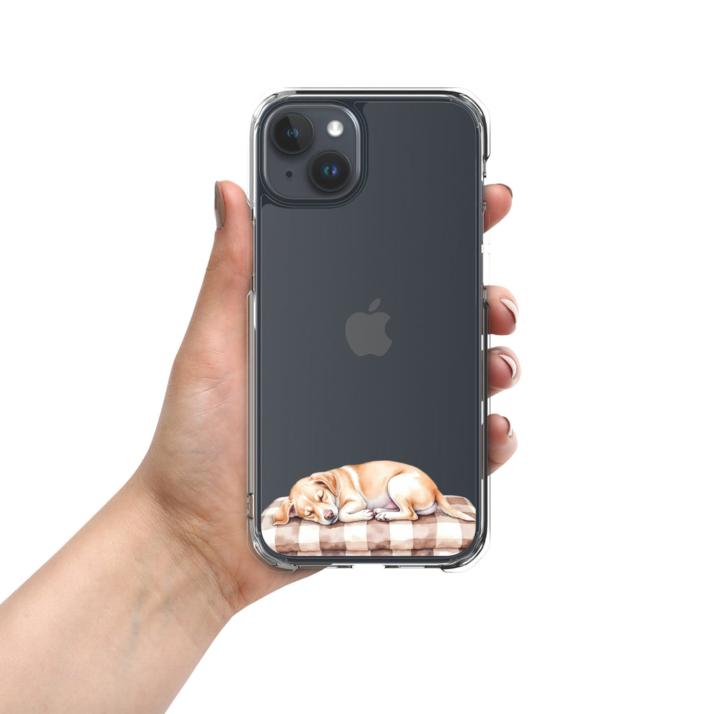 Sleepy Dog on Checkered Blanket Clear Case for iPhone 15 Plus