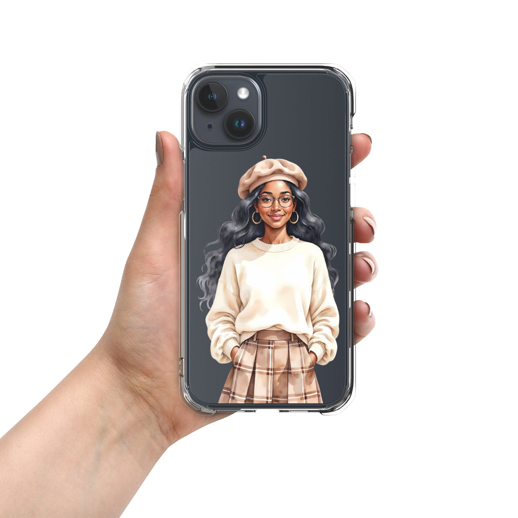 Cozy Plaid Autumn Girl Clear Case for iPhone 15 Plus - Fashion Illustration Protective Cover