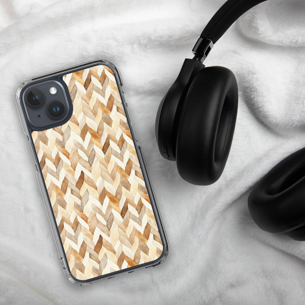 Cozy Knit Pattern Clear Case for iPhone 15 Plus - Neutral Braided Texture Protective Cover