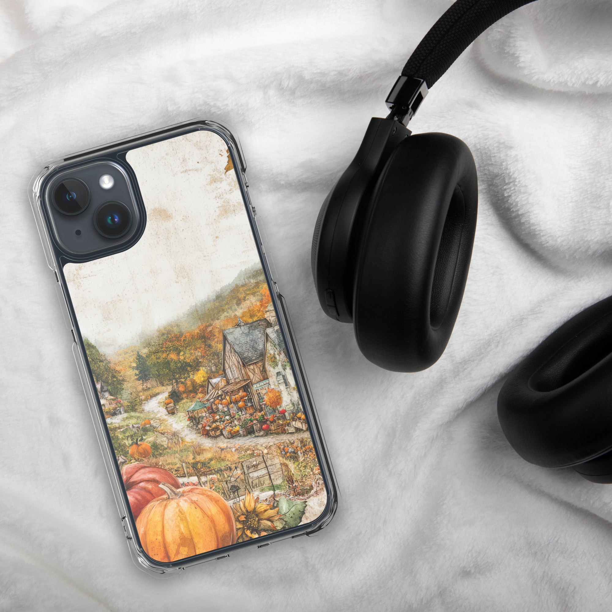 Autumn Village Clear Case for iPhone 15 Plus - Fall Rustic Pumpkin Design Protective Cover